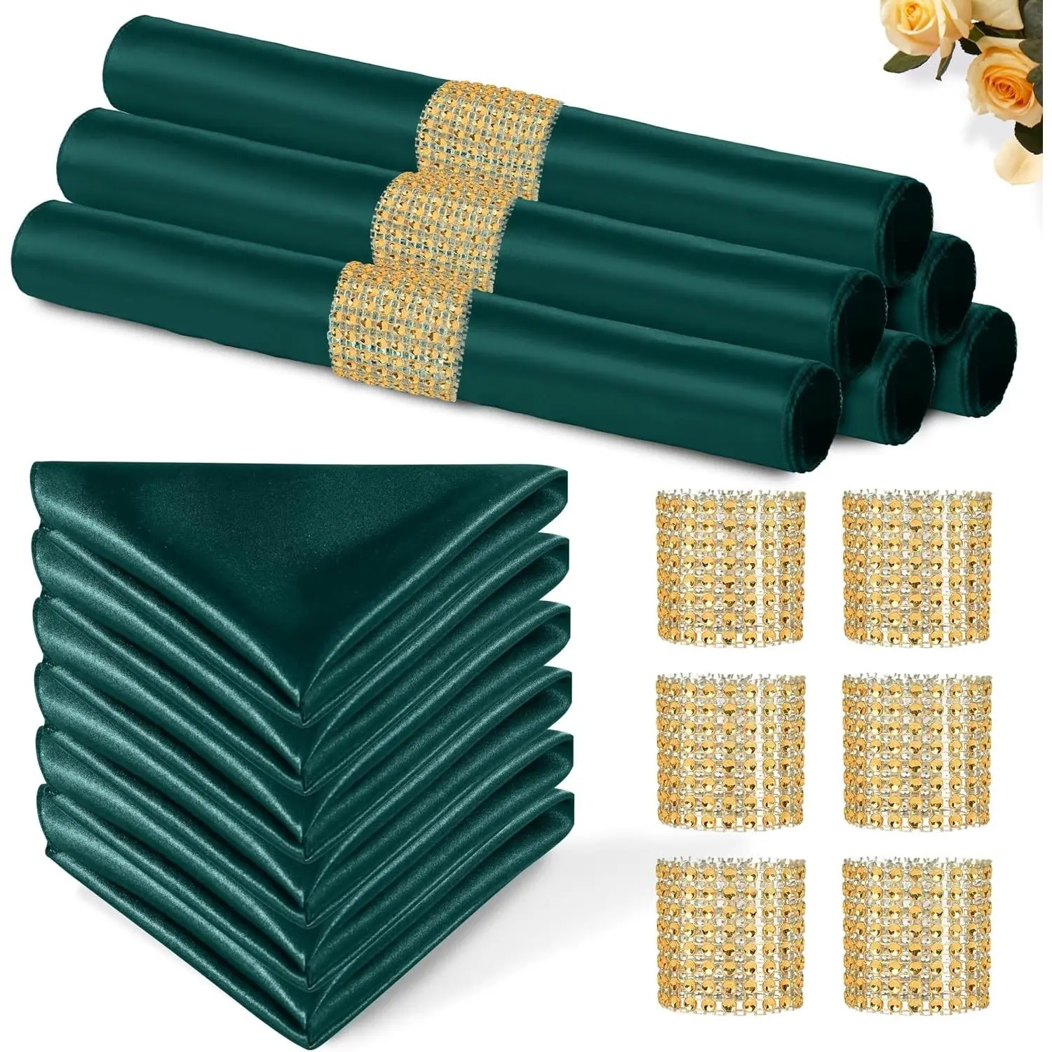 100 Pack 12 x 12 Inch Dark Green Silky Soft Square Satin Napkins with Napkin Rings Set, Bulk Cloth Dinner Napkins for Wedding Banquet Graduation Party Decoration