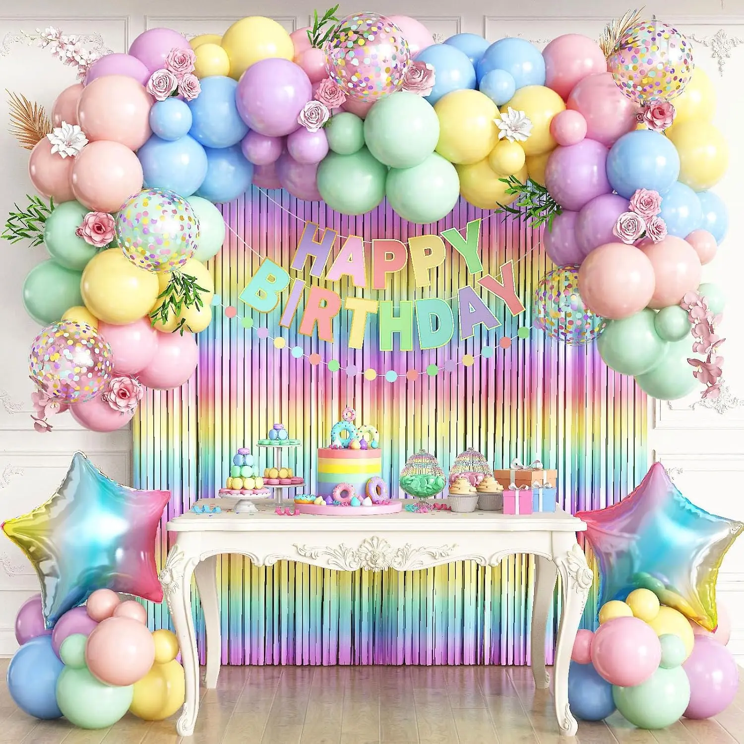 Pastel Birthday Decorations for Girls, Macaron Rainbow Fringe Curtain Pastel Balloons Happy Birthday Banner for Baby Shower Birthday Party Decoration