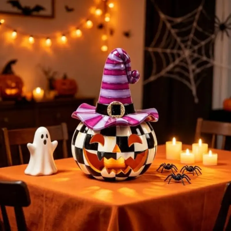 Resin Pumpkins, Happy Jack Hand-painted design, decorative fall, Halloween, and Thanksgiving figurines, No Candle Included, Perfect for Festive Season, Durable Resin Material