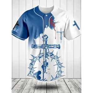 Men's Short Sleeve Baseball Jersey 3D Praying Jesus Cross Nail Print Summer Casual Faith Sports Top, Inspirational Religious Gifts