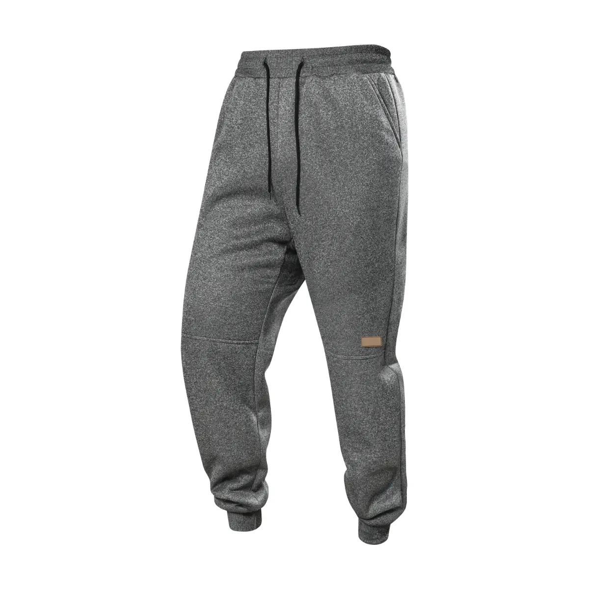 Men Fleece‑Lined Cuffed Sweatpants, drawstring elastic waistband for adjustable comfortable fit, heathered grey outer fabric with thick warm sherpa fleece inner lining, small leather patch decorates the thigh area, side pockets for securing phones, keys a
