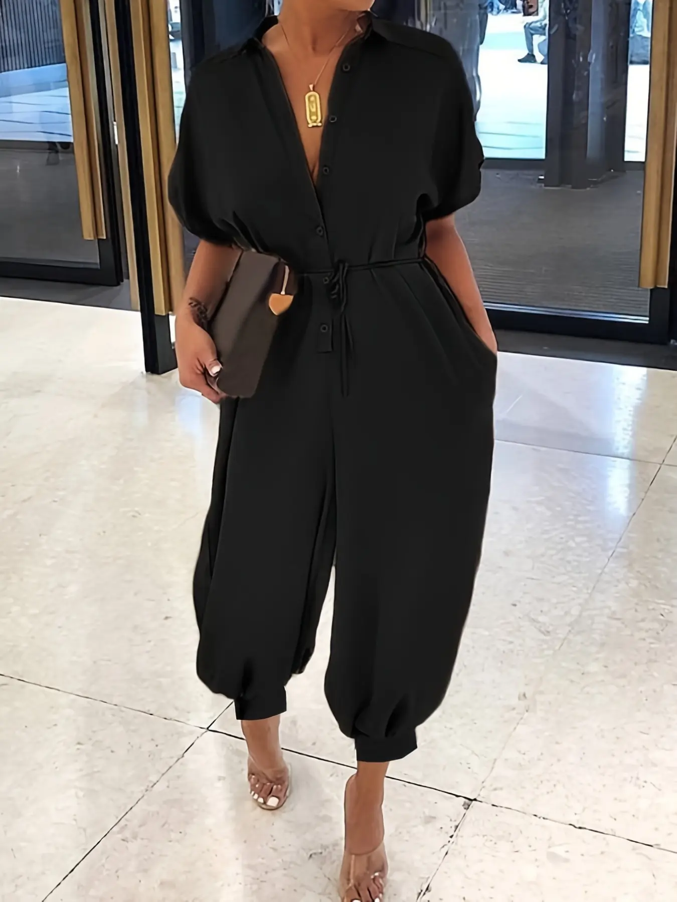 New Loose Fit Waist Cinched Lantern Pants Jumpsuit, Button Front with Pockets, Casual, Commuter, Basic & Chic Style, Plus Size