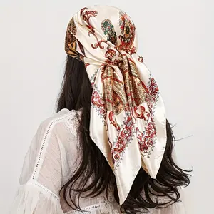 Large Elegant Floral & Golden Scarf - Soft Handkerchief Suitable for Daily Wear, Travel & Fashion - 35.43x35.43inch Square with Golden Accent Print - Versatile Shawl, Neck Wrap, Hair Accessory