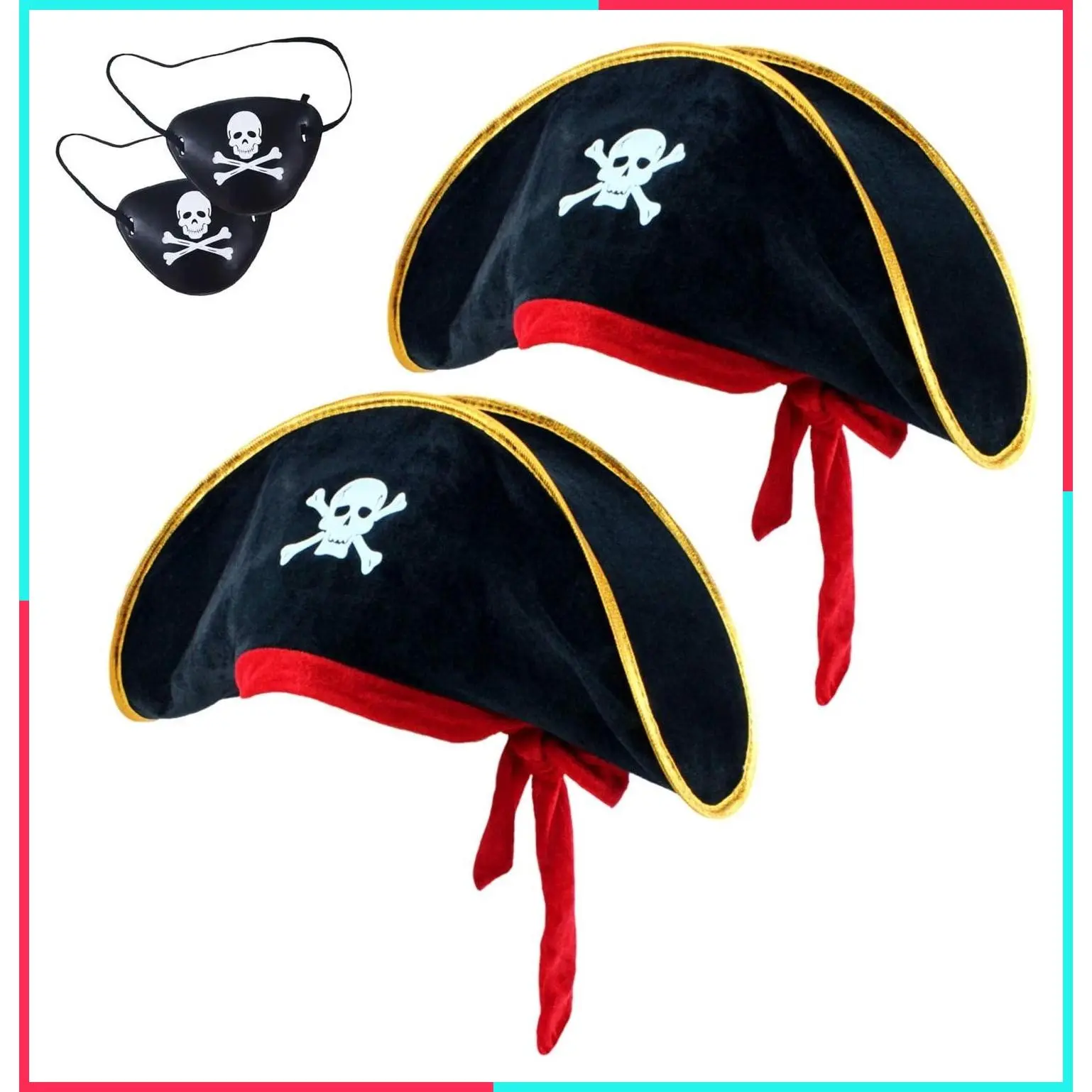2 Pieces Pirate Hat Skull Print Captain Costume Cap - Pirate Accessories Funny Party Hat Caribbean Fancy Dress