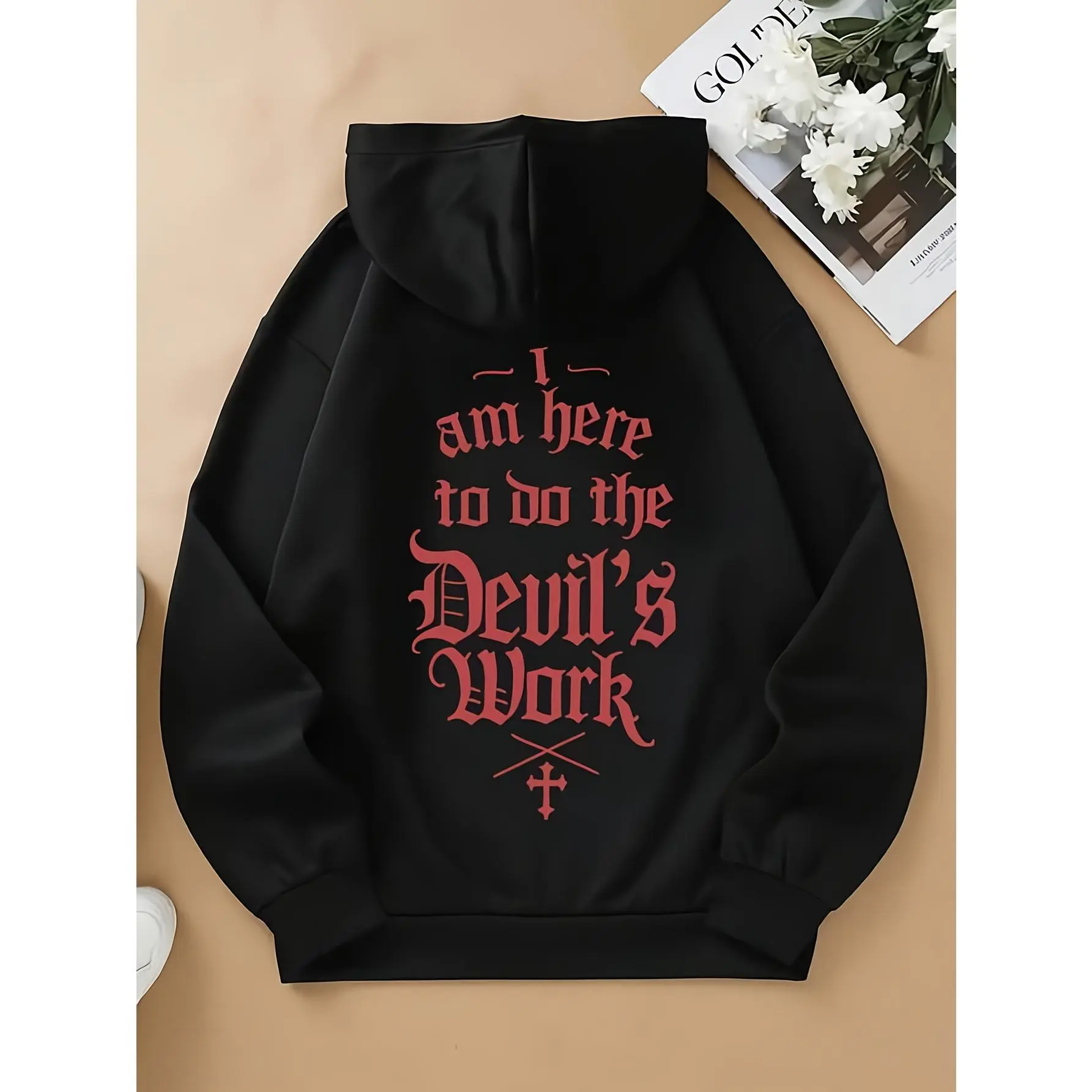 Men's Gothic "I'm Here to Do The Devil's Work" Hoodie - Black Rebellious Lettering Print Sweatshirt, Soft Breathable Loose-Fit Streetwear with Devil's Work Graphic, Autumn Winter Goth Clothing Pullover Jacket