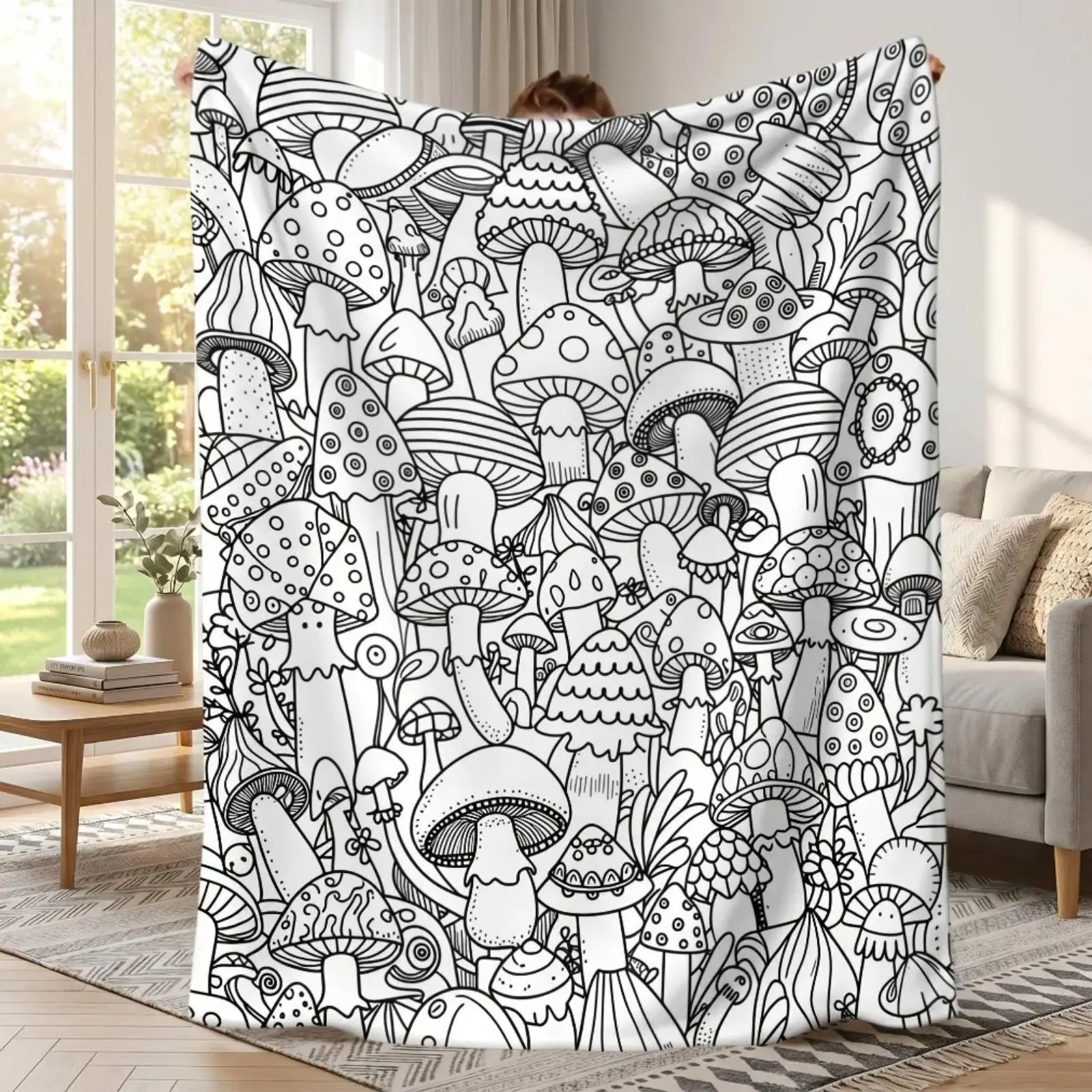 Ultra Soft Fluffy Plush Cuddle Blanket - Black White Doodle Mushroom Graffiti 2D Line Art Flannel, Customized DIY Coloring Fun, Indoor Home Use, Cottagecore Decor Gift for Child Sleepover, Cozy Throw Blanket