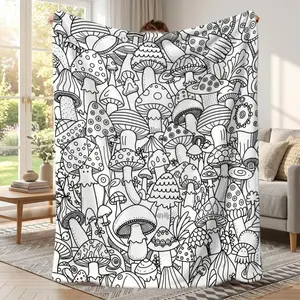 Ultra Soft Fluffy Plush Throw Blanket - Black White Doodle Mushroom Graffiti 2D Line Art Flannel, DIY Mushrooms Coloring Fun, Indoor Use Home & Travel Bedding, Cottagecore Decor Gift for Adults Kids