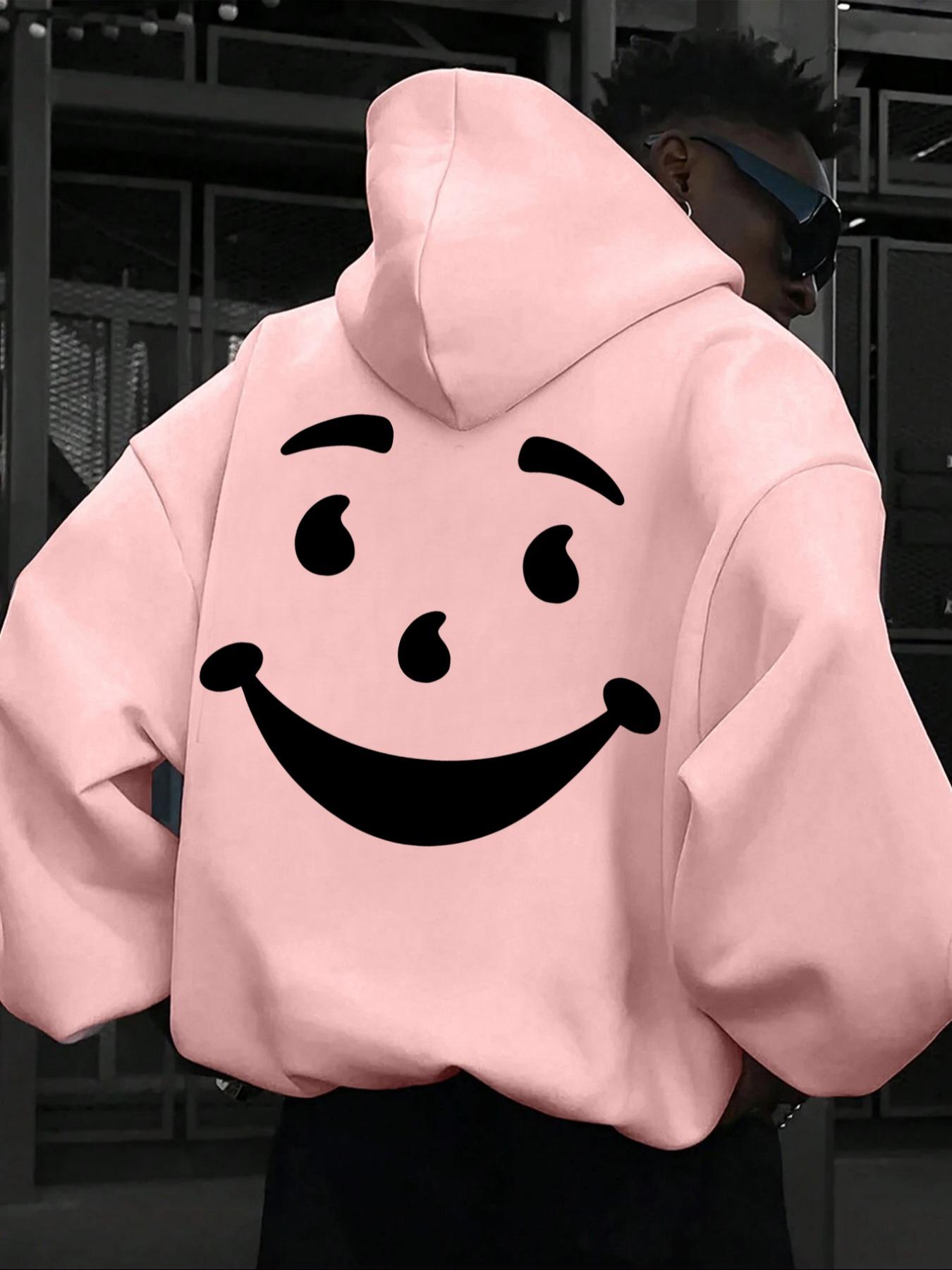 Men's Cartoon Smile Face Print Drop Shoulder Hoodie, Fashion Casual Regular Fit Drawstring Pocket Hooded Sweatshirt for Daily Holiday Outdoor Wear, Men Clothes for Fall & Winter