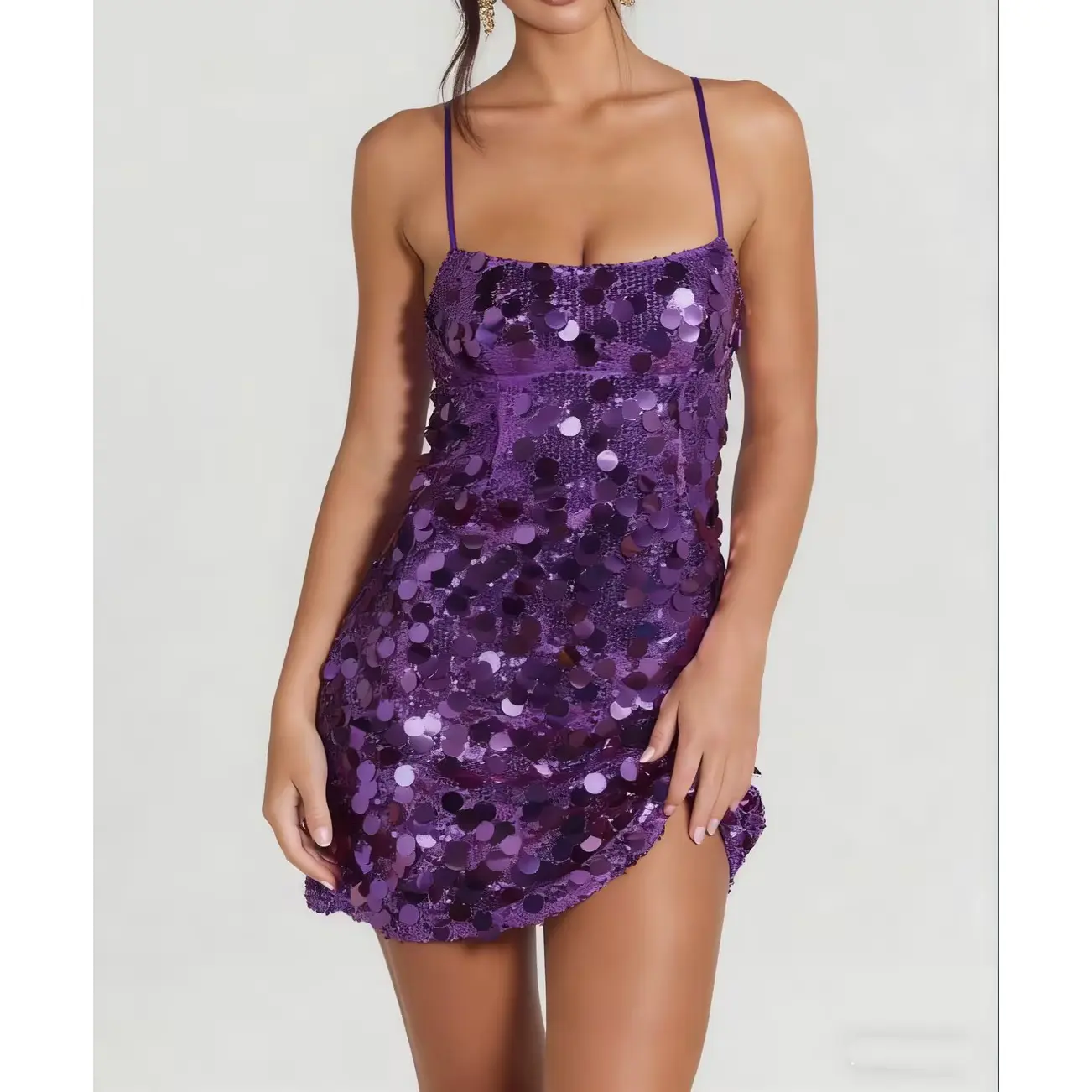 Women Sparkly Slip Dress Sequins Backless Spaghetti Strap Mini Party Dress