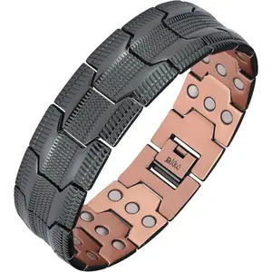 Feraco-Copper Bracelet for Men,3X Ultra Strength Magnetic Bracelets,99.99% Pure Copper with 3500 Gauss Neodymium Magnets,  Adjustable,Black Trendy Stack Bangle Elegant Minimalist Bangle
