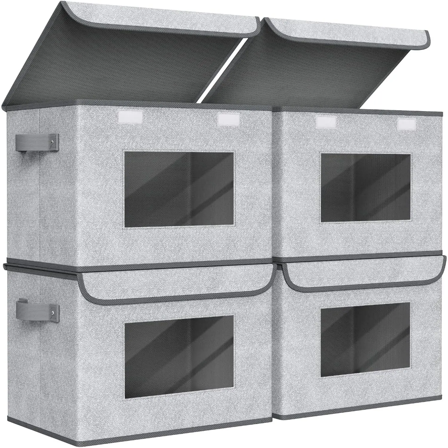 Fabric Foldable Storage Boxes 4-Pack, Large Collapsible Stackable Storage Bins with Lids, Closet Organizer Cube Baskets for Home Office Bedroom, Gray, 17" x 12" x 12"