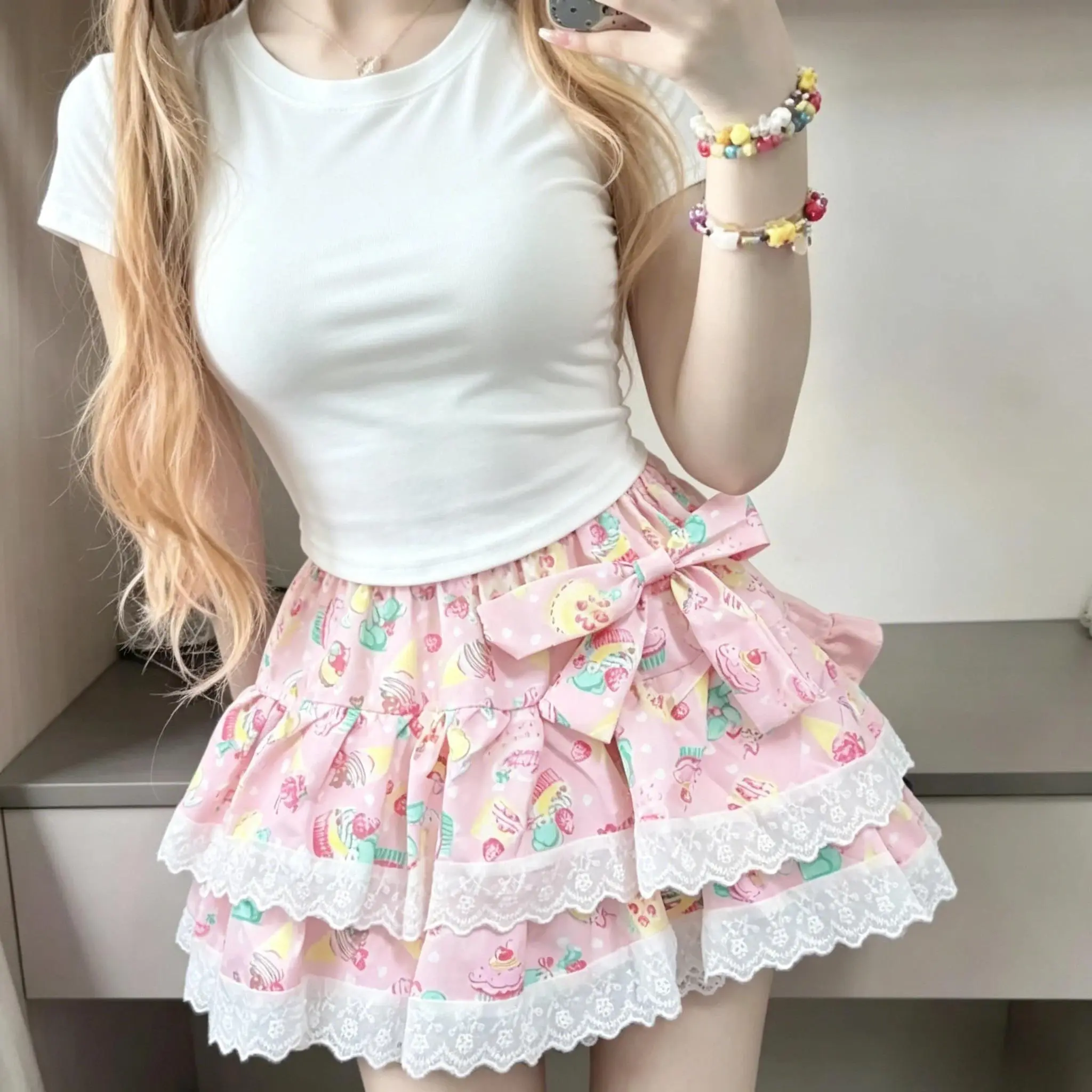 Sweet Japanese Kawaii Print Cake Skirts Women Lolita Style Lace Patchwork Pleated Skirt Summer Y2k High Waist A-Line Mini Skirt