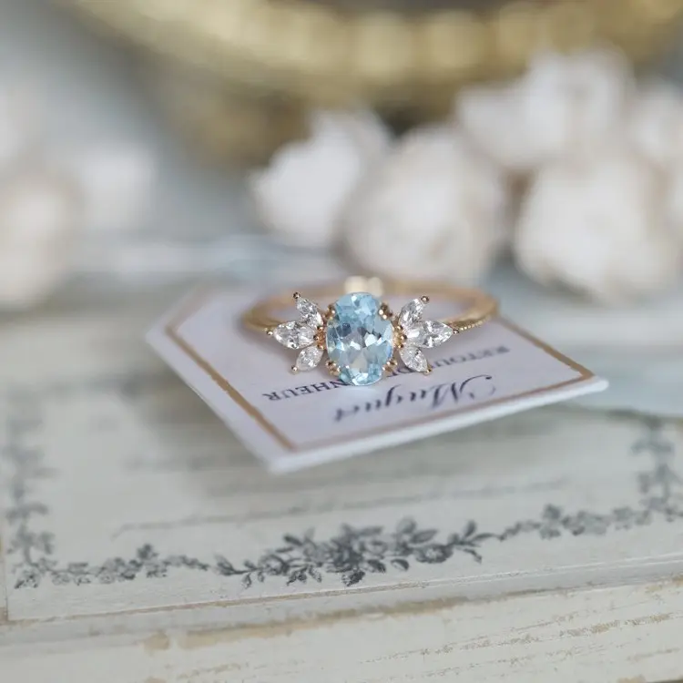DOUX Gold-Tone Sky Blue Crystal Open Adjustable Ring