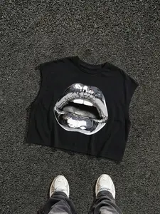Y2K Punk Style Sleeveless Vest, Base with 3D Silver Color Lip Print, Asymmetrical Design, Casual Loose Fit, Perfect for Rock Shows