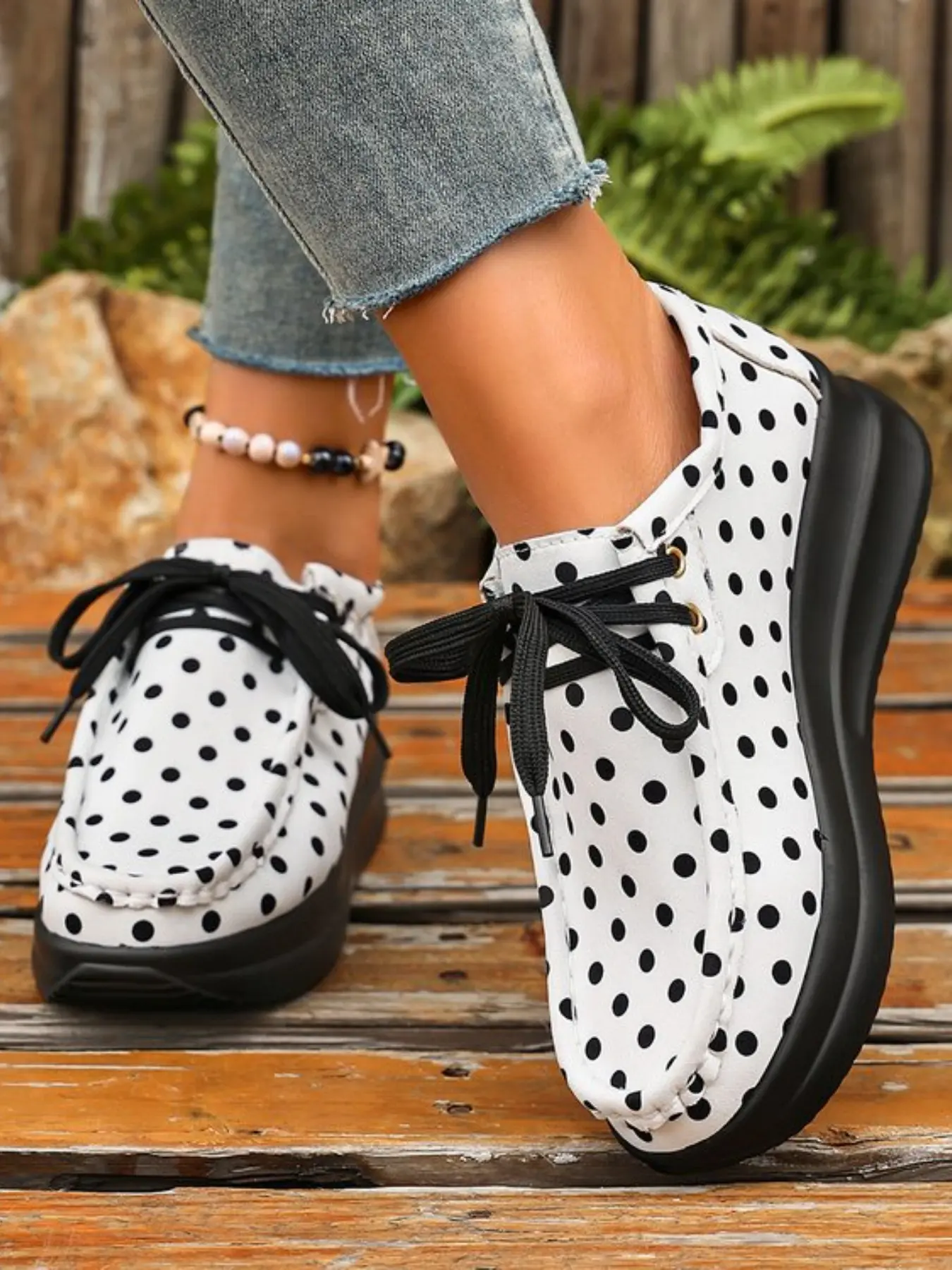 Spring Summer Base Dot Thick Sole Platform Shoes for Women, Lace-Up Casual Canvas Shoes, Height-Boosting Versatile Lazy Shoes, Retro College Style Loafers