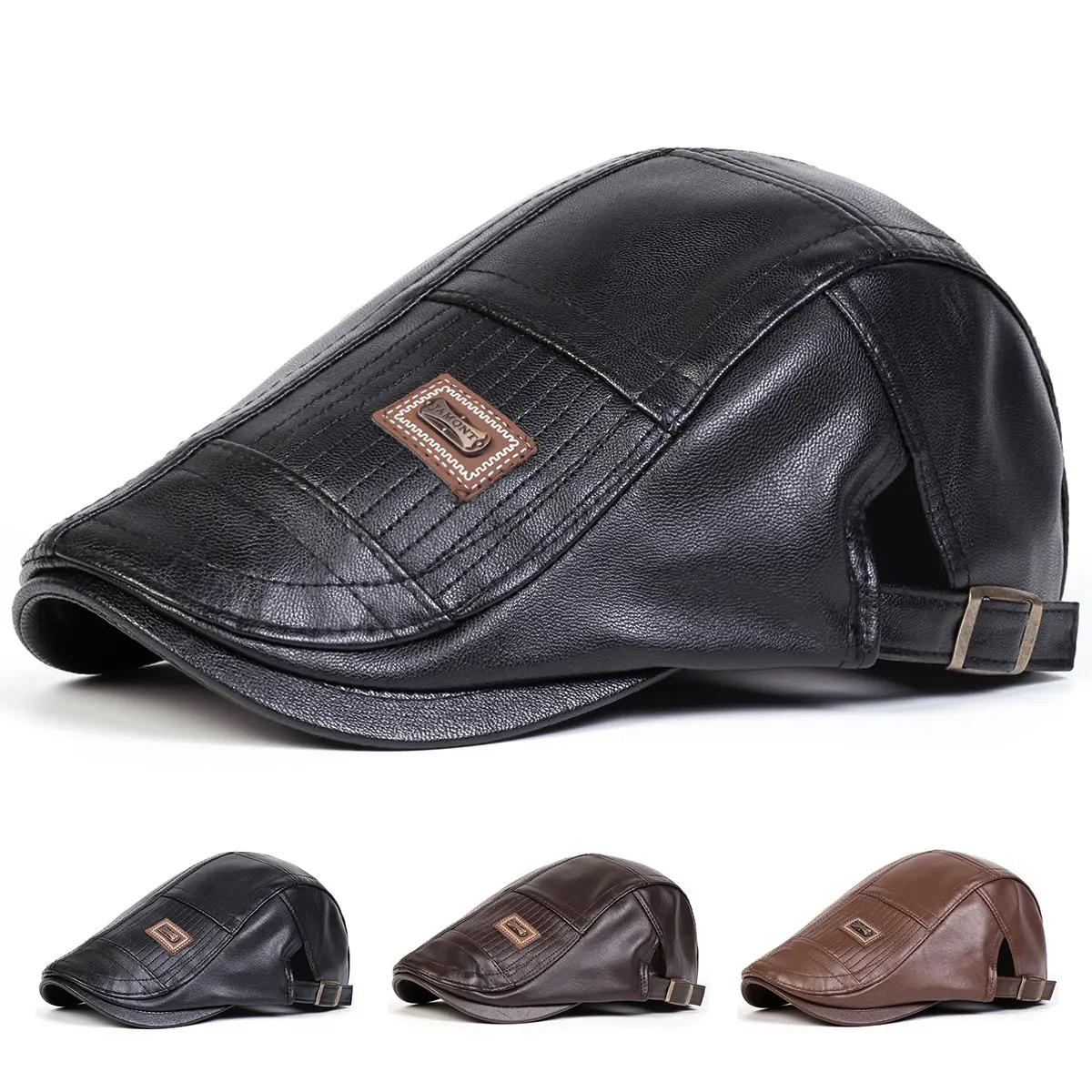 Men Retro Pu Leather Newsboy Caps JAMONT Labeling British Painters Hats Spring Autumn Side Adjustable Flat Cap Hip Hop Berets