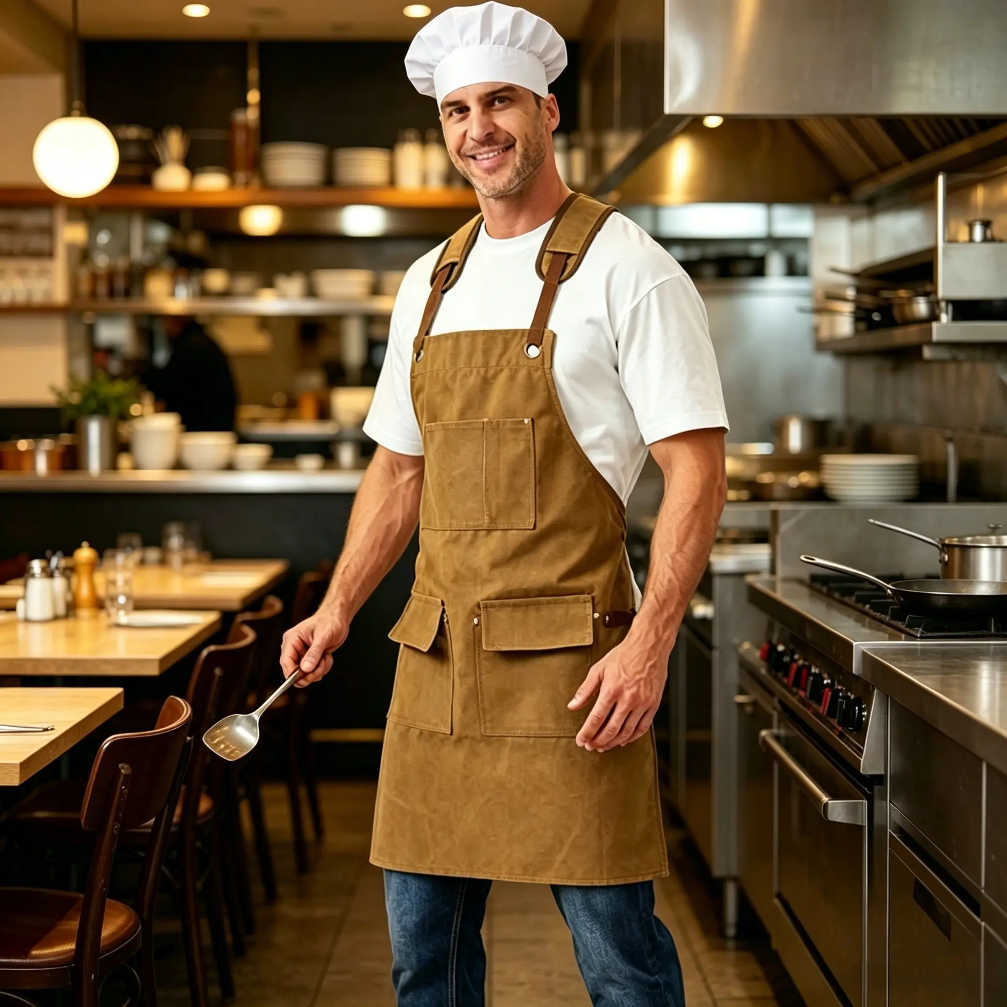 Adjustable Canvas Work Apron with Multi Pockets, Bib Apron for Kitchen Cooking Baking Gardening, Suitable for Women and Men, Chef Aprons