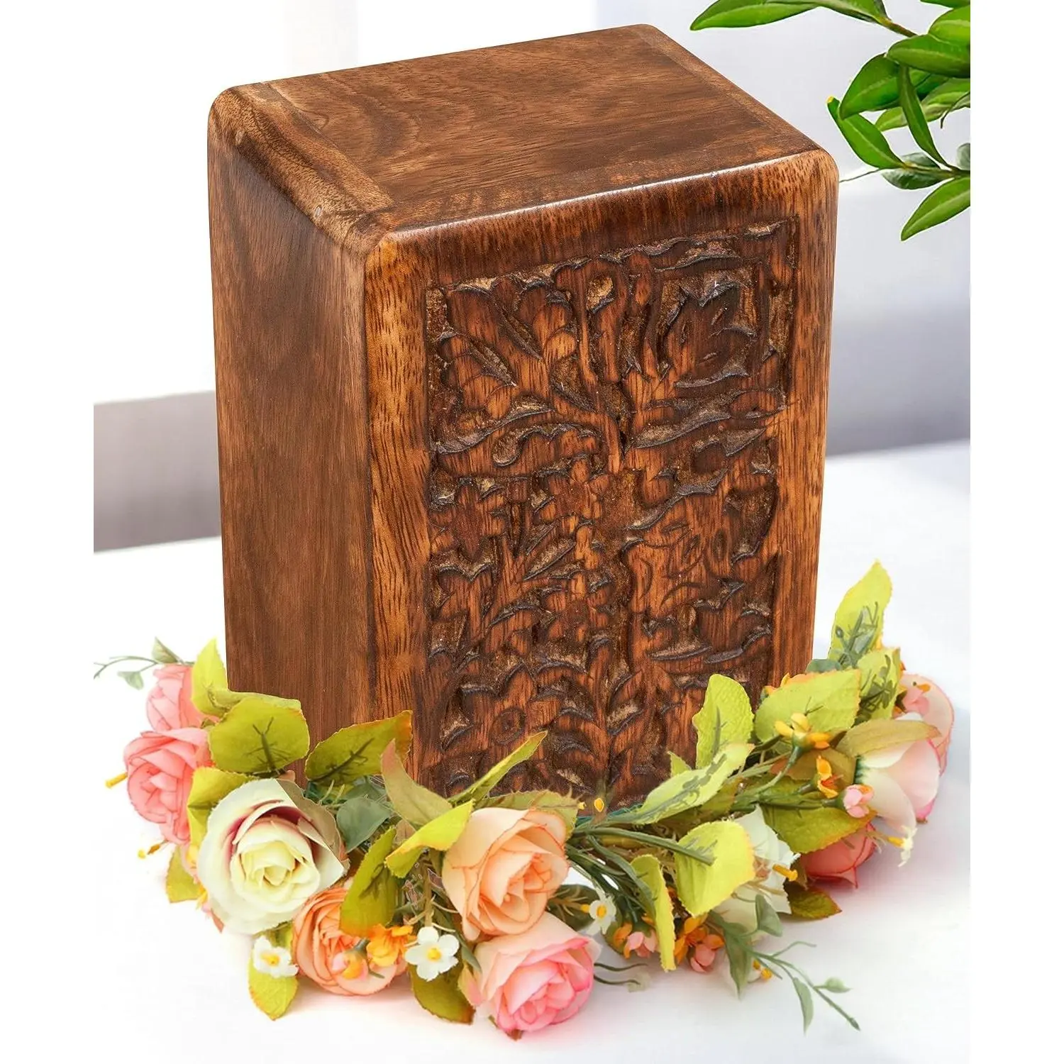 Hand Carved Wooden Cremation Urn Box for Human Ashes Adult, Memorial Funeral Keepsake urn with Secure Lid, Decorative Wooden Ashes Box Burnt Finish, Small 6x4x3 Inch