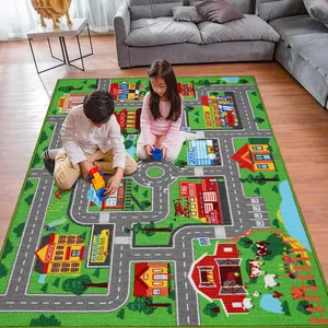 Kids Carpet Playmat Rug 59"x39.4", Car Rug  Kids Cars, Non-Slip Town City Road Map Kids Rugs  Playroom Bedroom Boys, Kids Cars Play Mat Track Road Rugs  Kid(59X39.4Inch,Green)