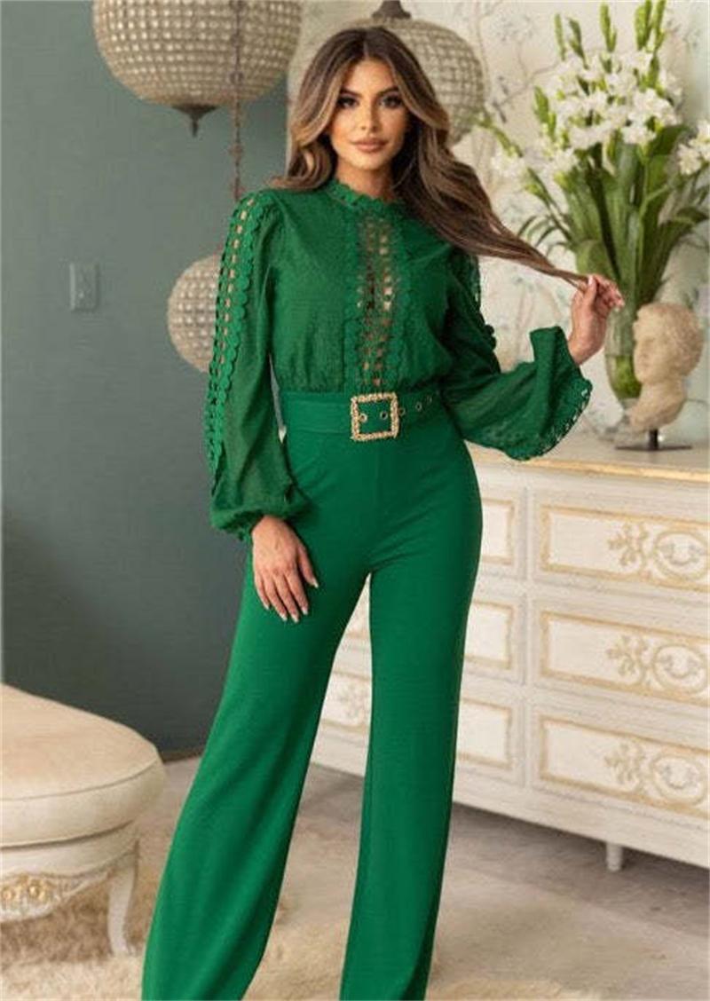 Woman Jumpsuit Birthday Long Sleeve Hollow Out High Waist One Pieces Overalls Club Party Outfits with Belt