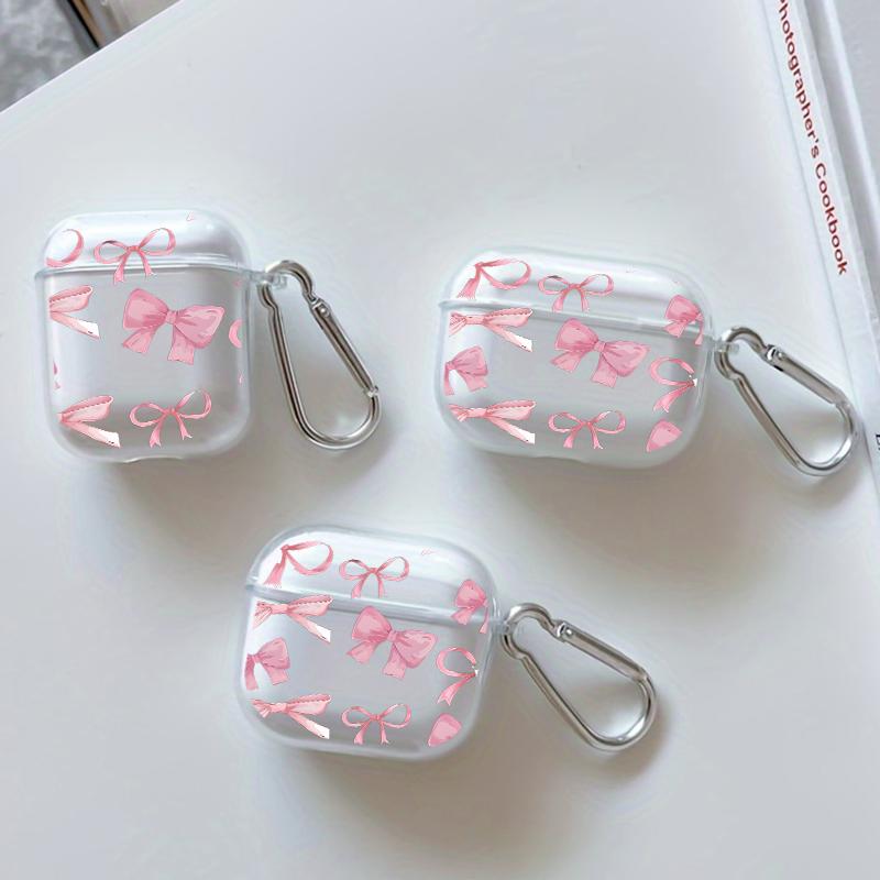 Pink Bow Delight Pattern Protective Case for AirPods 4/3/2/1/Pro/Pro2 Soft TPU Earphone Cover, Transparent with Keychain