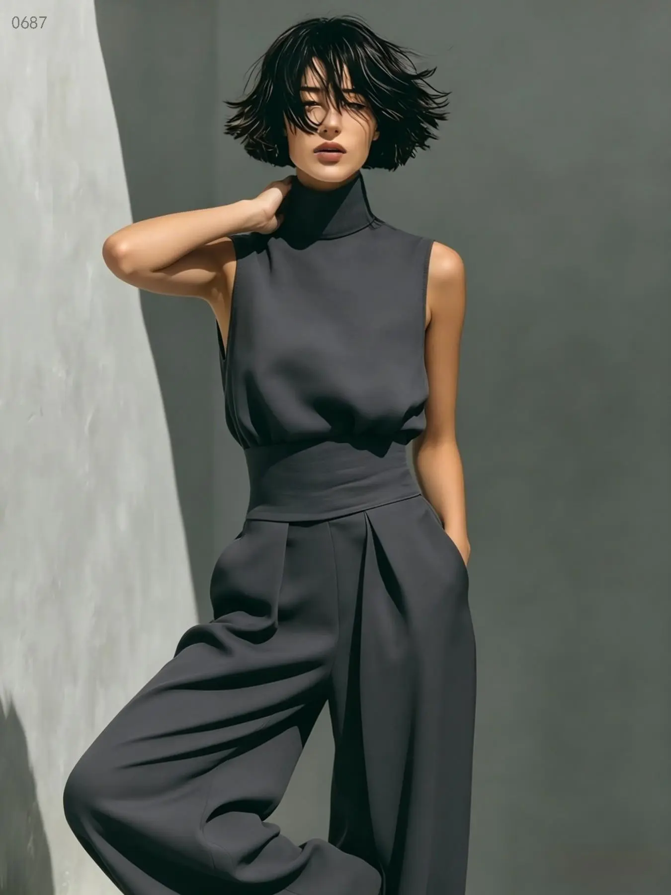 C0687 Classic Old Money Aesthetic Ladies Matching Set Solid Plain Sleeveless Mock Neck Tank Top Light Airy Wide Leg Trousers Minimal Casual Two Piece Outfit For Beach Daily Life.