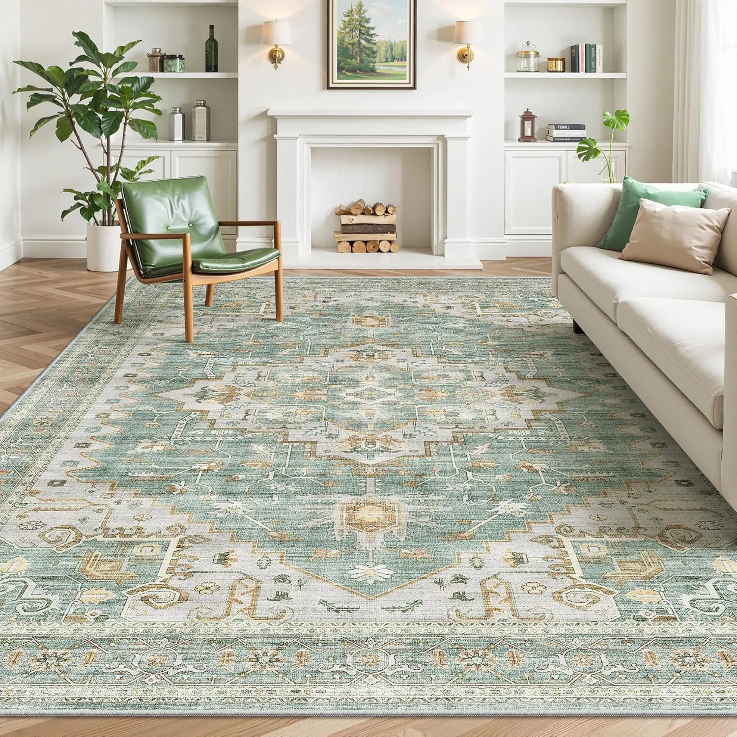 ComiComi Summer Vibes Green Vintage Area Rugs for Living Room/Dining Room/Bredroom Rugs, Stain Resistant Neutral Washable Rugs, Non-Slip, Wear-resistant, Waterproof Kid & Pet Friendly Rug, Thin Large Size Area Rug ,Home Decor Item Gold Floral