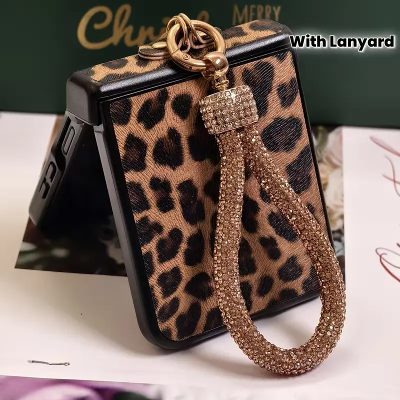 Compatible with Razr 70 Plus/Razr 60 Ultra/Razr 50 Ultra/Razr 50 | Leopard Print Lanyard Full Wrap Shockproof Flip Phone Case HNZ0565