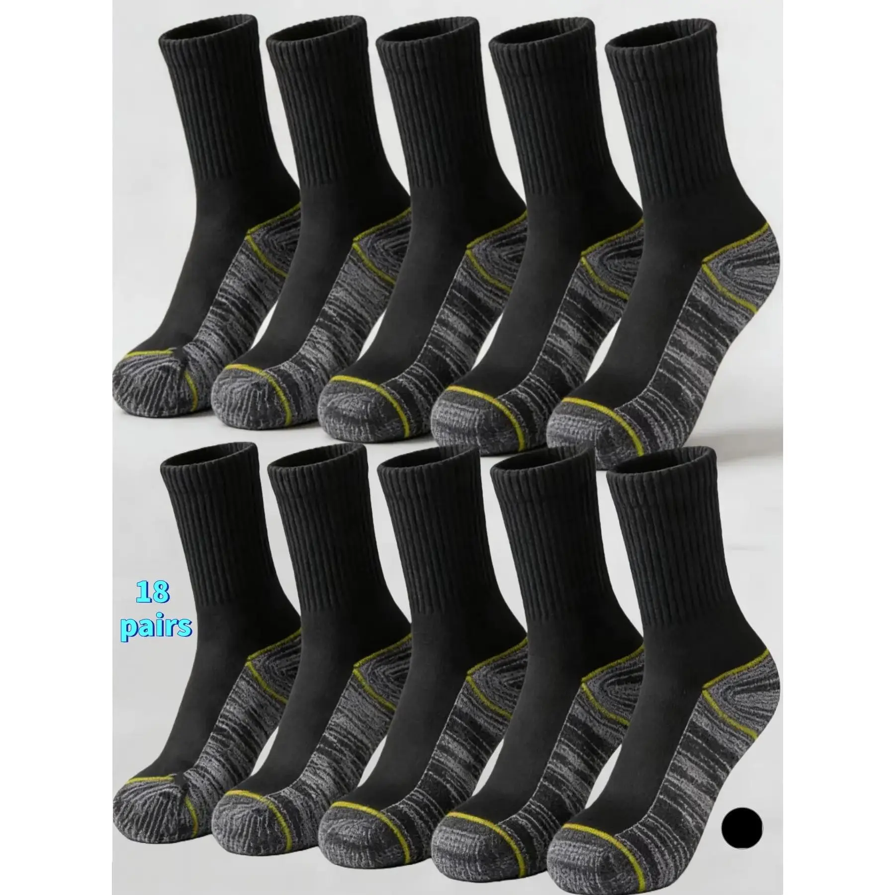 Men's Patchwork Crew Socks, Work Socks, 18 Pairs Durable Knitted Comfort Design, Ideal for Industrial Use, Soft Knit Mid-Calf Socks