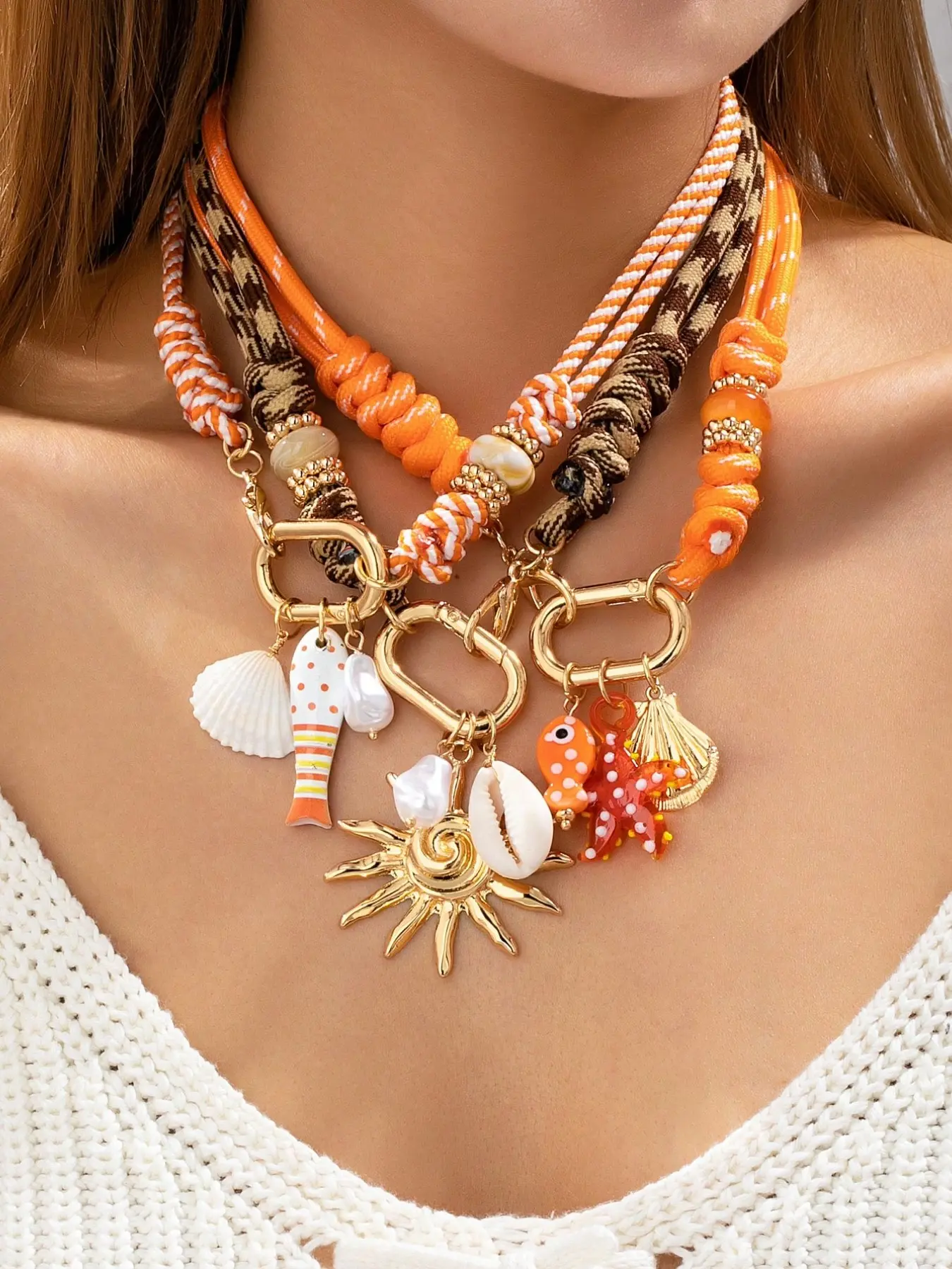 3 Pcs Braided Cord Beach Dangling Charms Necklace, Gold Plated Sunburst, Starfish Pendant Necklaces Set, Boho Multilayer Beach Jewelry for Women Vacation Wear
