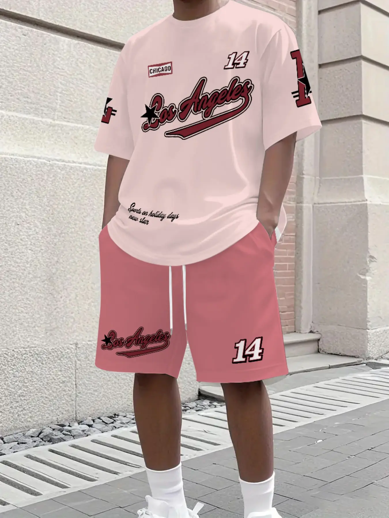 Men Los Angeles Letter Print 2 Piece Outfit Short Sleeve T-Shirt Matching Drawstring Shorts Vintage Sports Streetwear Tracksuit Menswear