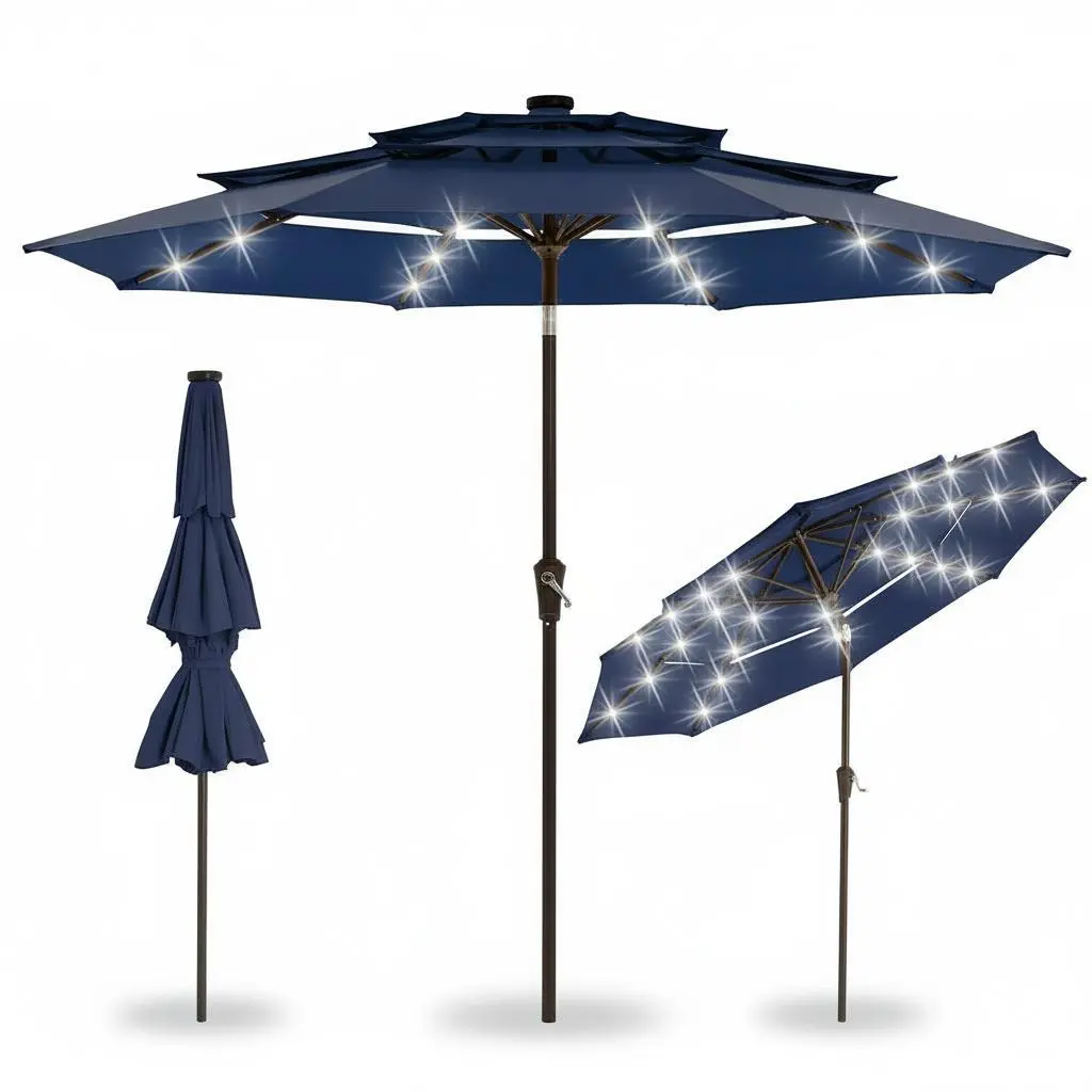 3-Tier Patio Umbrella with 24 Solar LED Lights - 10ft Outdoor Market Sunshade - Vented Canopy, Easy Crank & Tilt, 8 Ribs, Garden, Deck, Pool, Backyard