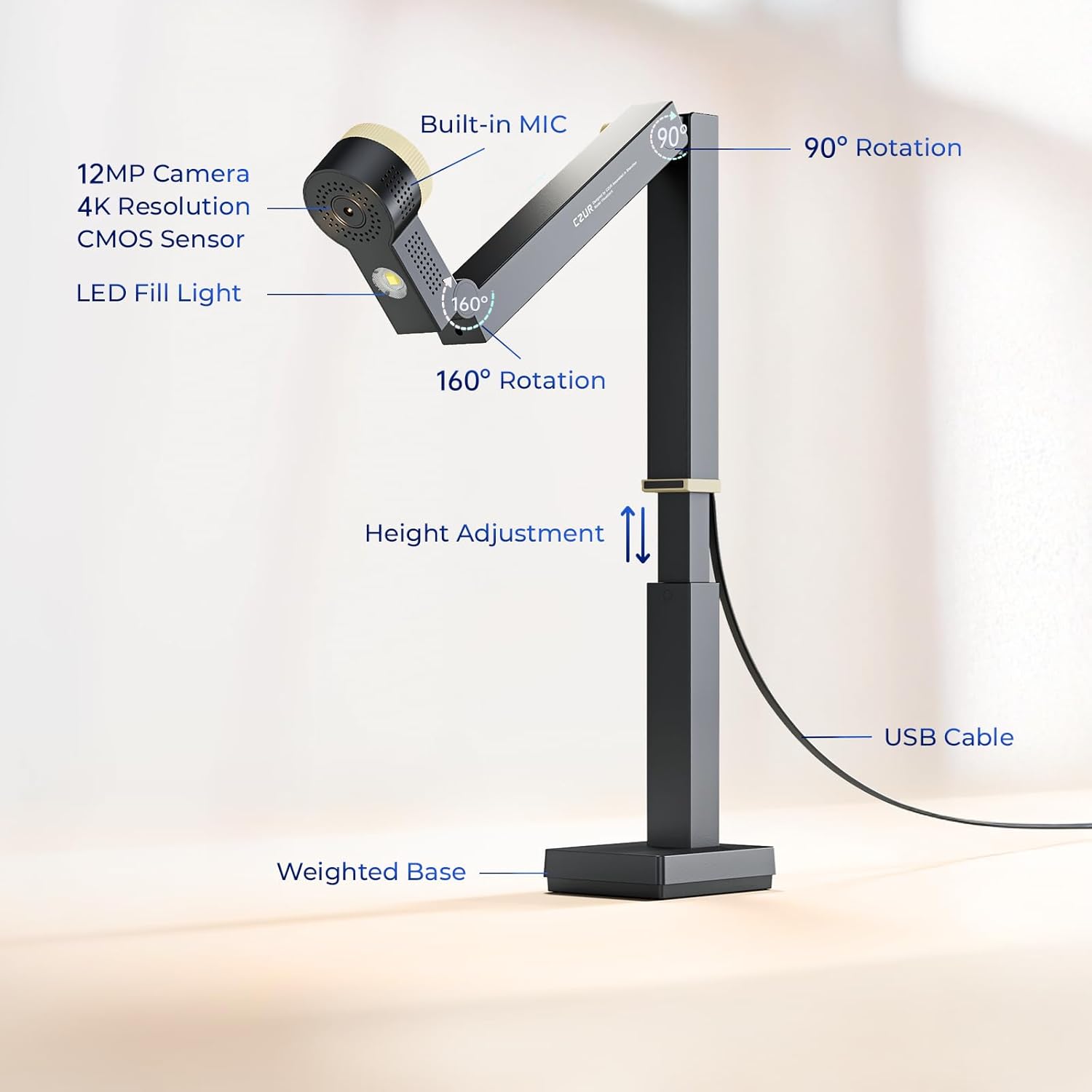 Fancy S Pro 12MP USB Document Camera for Teacher, 4K Webcam with Microphone and LED Light, Up to 60fps, Auto Focus, for Remote Teaching, Live Streaming, Web Conference, for  and Windows