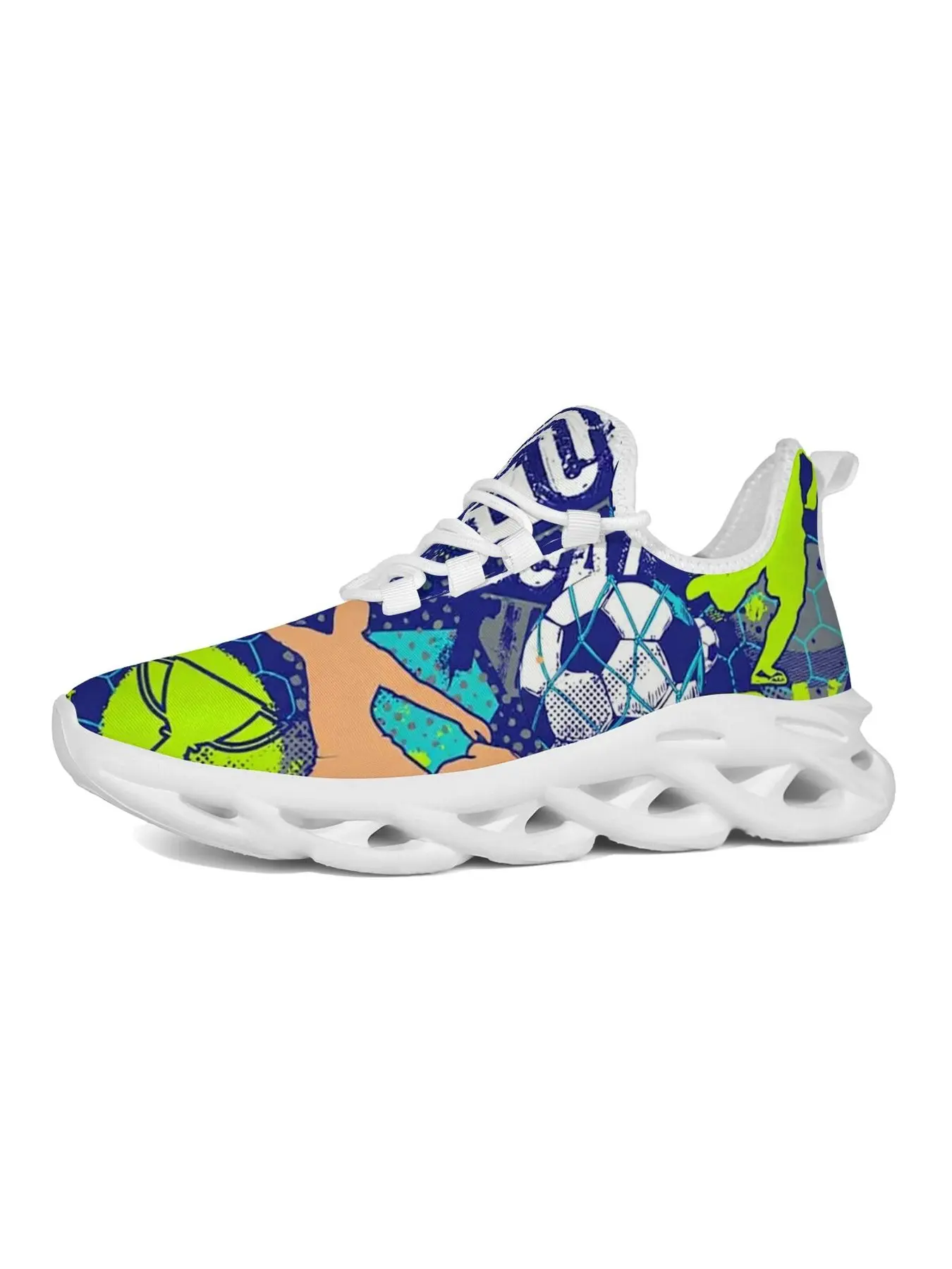 Graffiti Soccer Player Print Fashion Sneakers, Blue Green Sport Football Design Lightweight Breathable Running Shoes, White Thick Sole Casual Athletic Shoes Boys