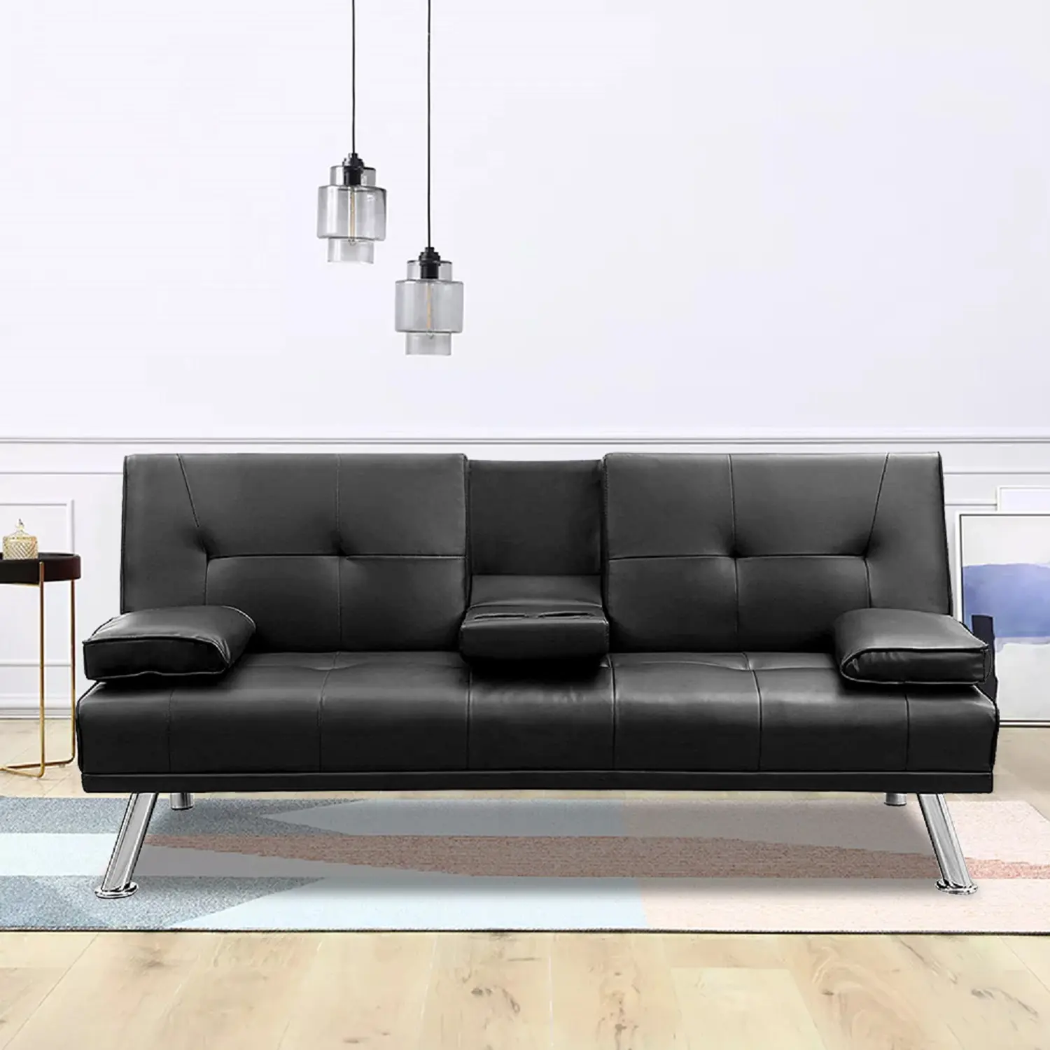 ARCH Modern Faux Leather Futon Sofa Bed Convertible Folding Lounge Sofa for Living Room with 2 Cup Holders Removable Soft Armrests Sturdy Metal Legs Charming Black Sleeper Couch, Living Room Furniture for Apartment, Lounge, Family Room