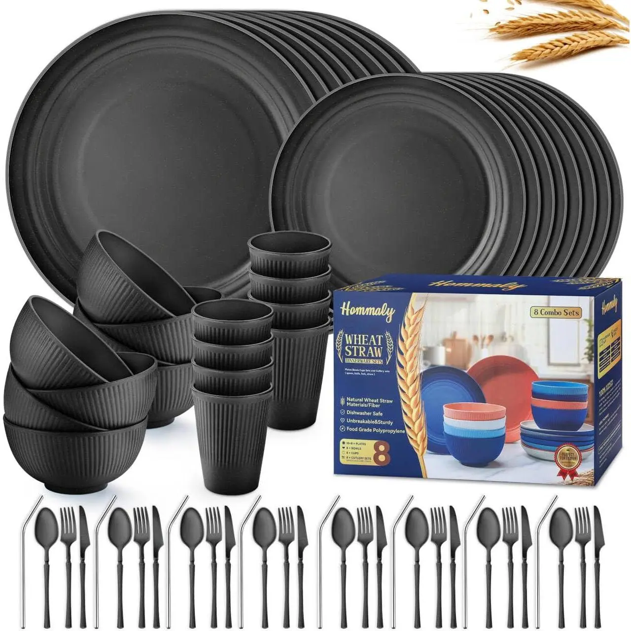 64-Piece Black Dinnerware Sets for 8, Unbreakable Reusable Plastic Dish Set with Dinner Plate Dessert Plate Cereal Bowl Cup Utensils, Microwavable Dishwasher Safe