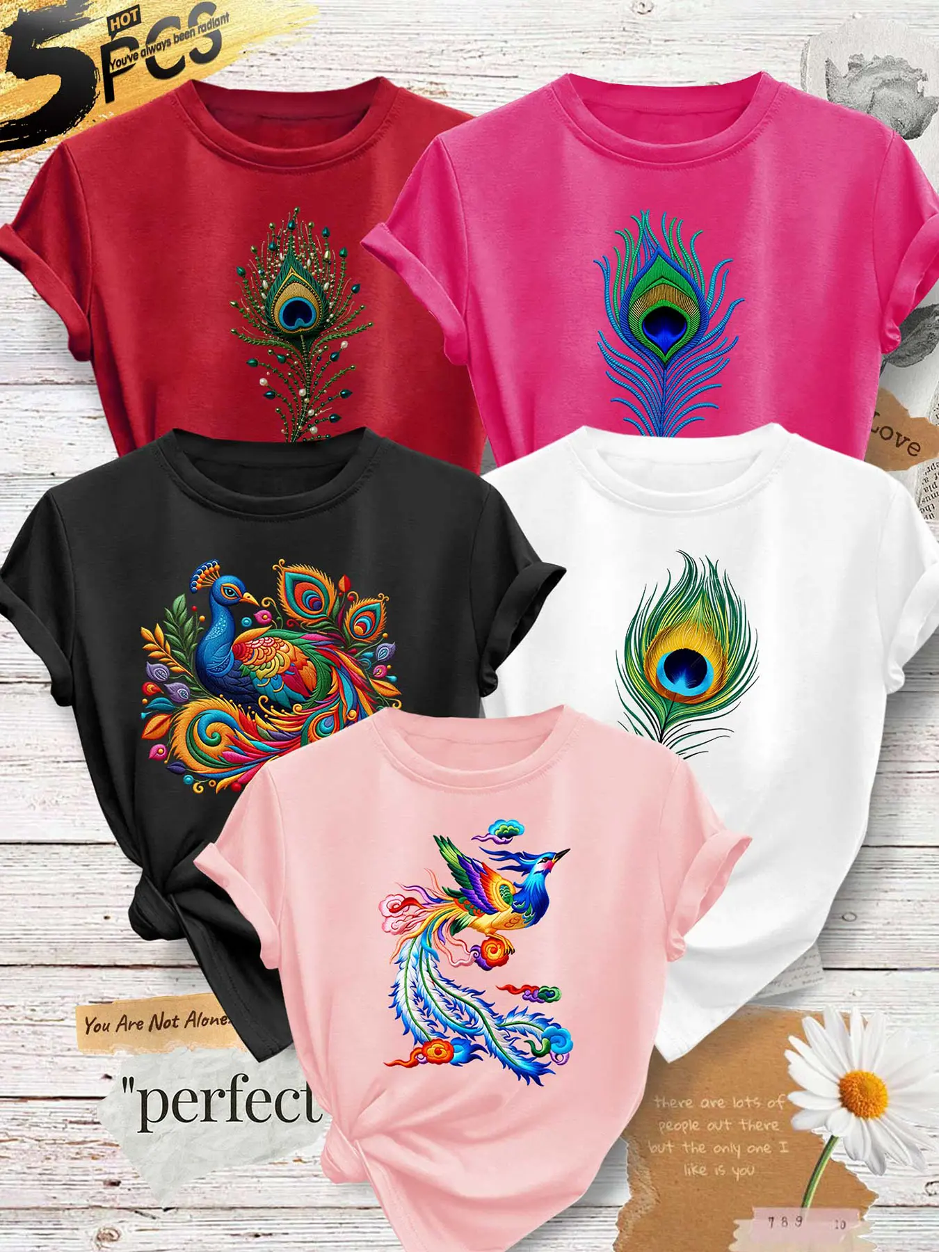 5‑Pack Women Crew Neck T‑Shirts, Peacock Feather Print Pattern, Multiple Colors Available, Machine Washable Spring Summer Tops, Soft Skin‑Friendly Fabric, Daily Use, Fashion Design, Versatile Casual Short Sleeve Tees