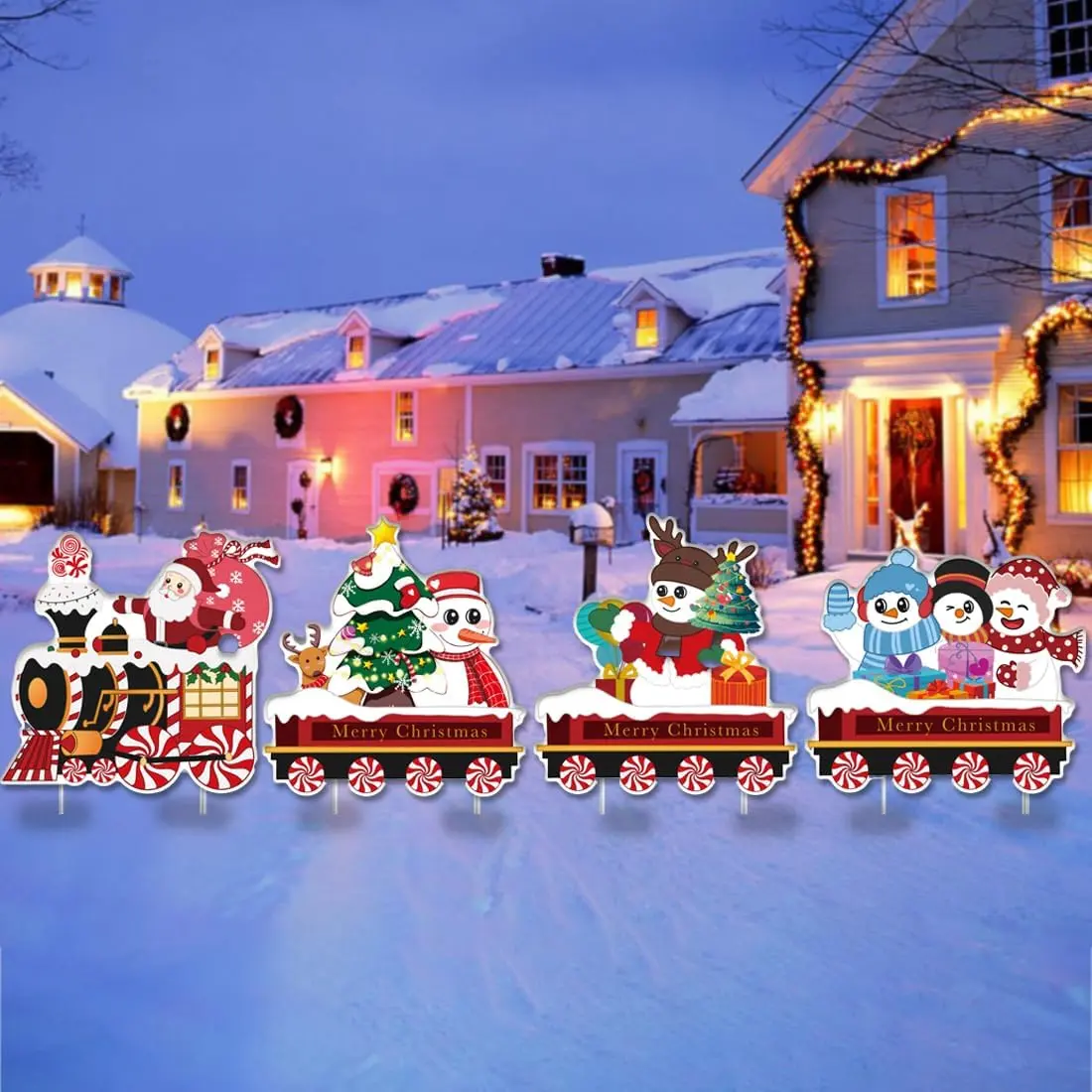 4 Pcs Christmas Decorations Outdoor Yard Signs Train Santa Snowman outside Christmas lawn decor