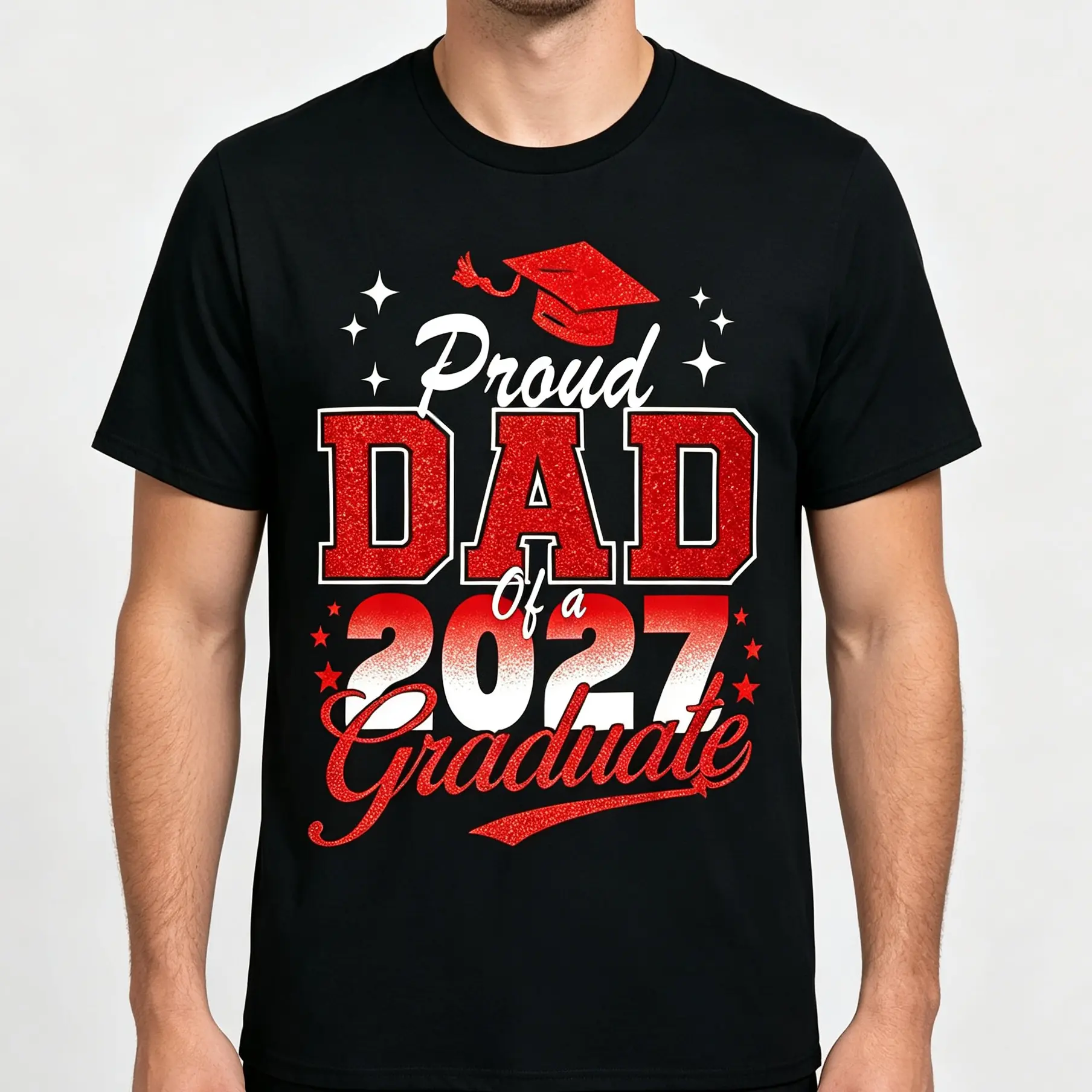 Men's Vintage Short-Sleeve Graphic T-Shirt - Proud Dad of 2027 Graduate Design, Red Class Colors & Lettering, Casual Round Neck Menswear for Graduation