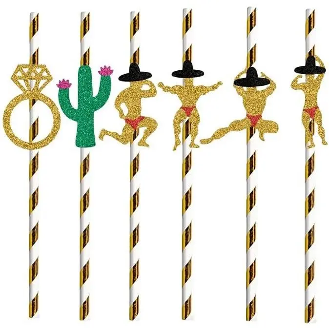 Bachelorette Party Decorations Straws 24 Pack, Cactus, Bridal Ring & Stripper Dancing Men, Mexican Fiesta Party Drinking FavorsGift