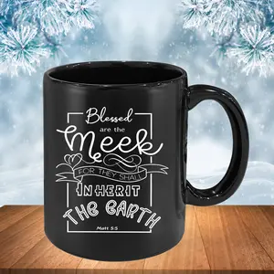 15oz 11oz Large Capacity Christian Bible Verse Gloss Black Ceramic Mug, White Cursive Font Bible Scripture With Decorative Ribbon & Heart Frame Print,Housewarming, Baptism & Holiday Present For Church Members, Bible Study Group & Christian Faith Lovers