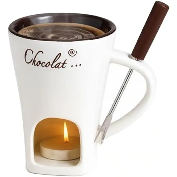 Ceramic  Fondue Mug, Personal Melting Pot with Fork & Candle, Versatile Warmer for Cheese, Caramel, Butter, Easy Clean, Sutiable for Romantic Date Night Wedding (1, White) | High-temperature ceramic, microwave-safe.