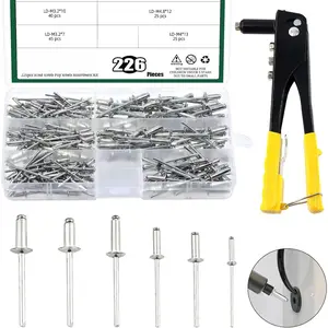 226Pcs Heavy Duty Manual Riveter with 6 Sizes Aluminum Blind Rivets Assortment Kit, M2.4 M3.2 M4 M4.8 Silver Tone Pop Rivets and Hand Rivet Gun Tool  Furniture Automotive Metal Work