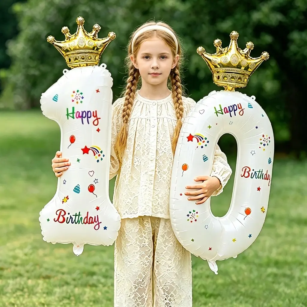 Number Gold Crown 10 Aluminum Foil Balloons, Birthday Party Decorations, Large Number Balloons for Photos, Kids' 10th Birthday Milestone