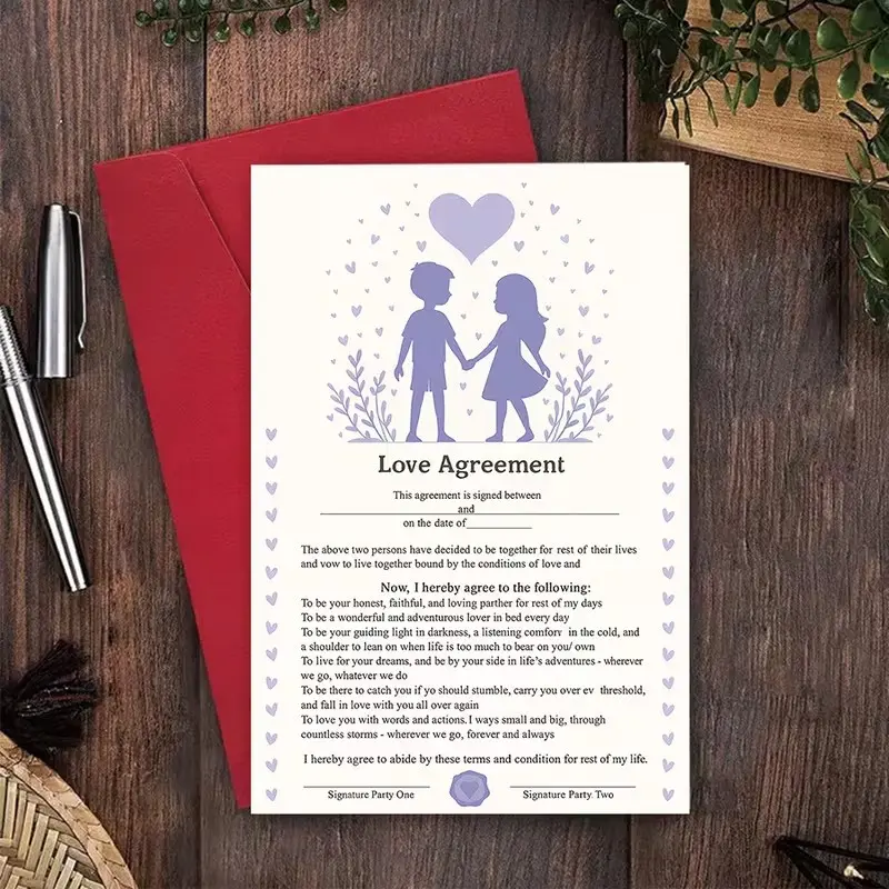 Romantic Love Agreement Card for Couples, Wedding Vows, Anniversary, Valentine's Day, Commitment Certificate Gift, English Text