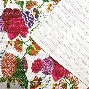 Indian Floral Print Twin Cotton Kantha Throw Blanket Bedspread Throw Gudari