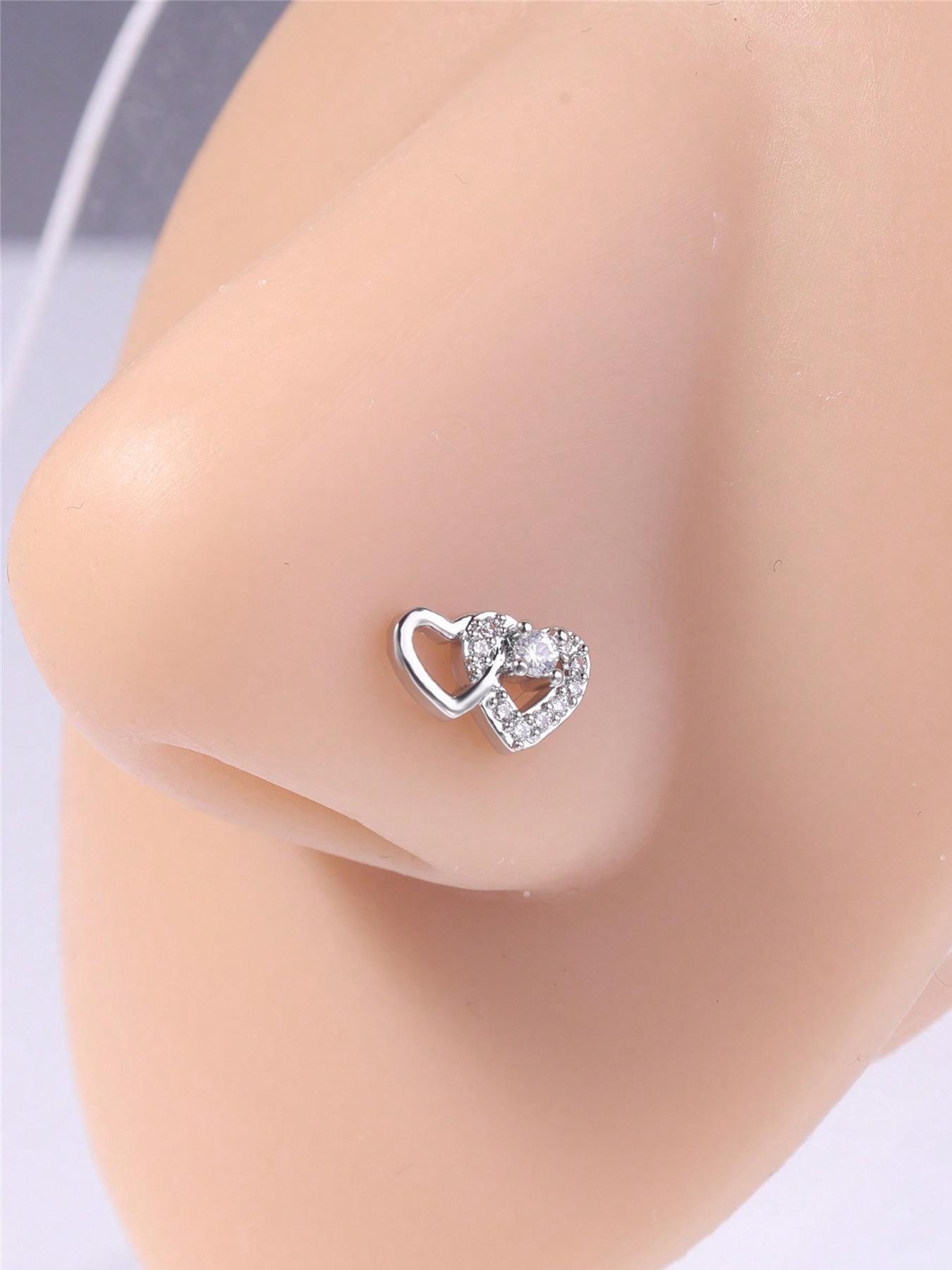Heart Shaped L Shape Nose Stud, Rhinestone Decor Nose Ring, Fashionable Body Jewelry for Women & Girls, Trendy All-match & Exquisite Jewelry for Birthday Gift