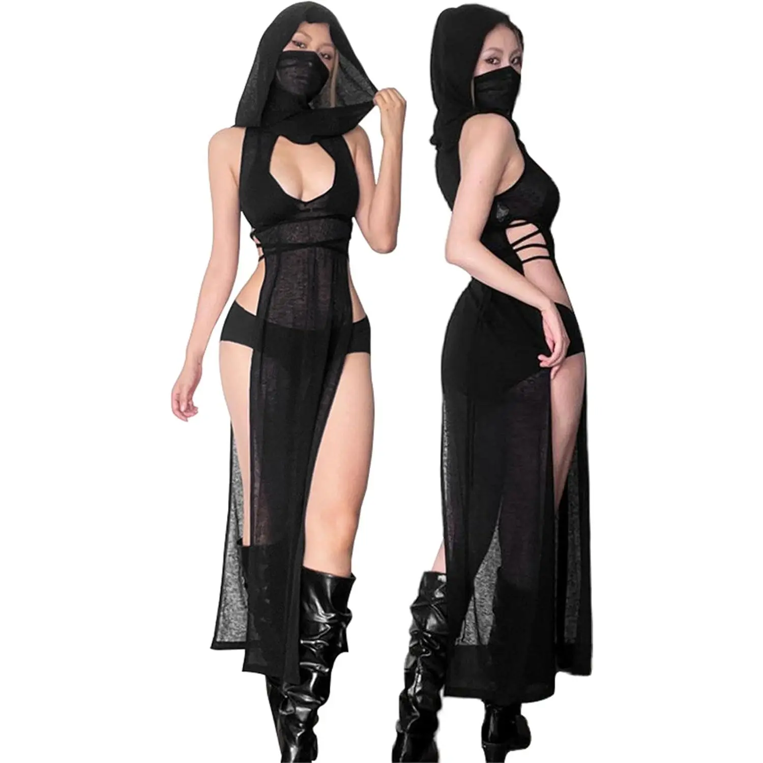 Goddess wardrobe Sexy Y2K Rave Outfits Women Cutout Bodycon Dress Sleeveless Streetwear High Slit Long Hooded Dress wimsuit Cover Ups