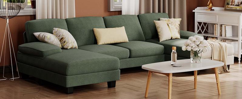 U-Shaped Sectional Sofa with Double Chaise, 4-Seat Couch with Corduroy Upholstery for Living Room or Apartment – Dark Grey