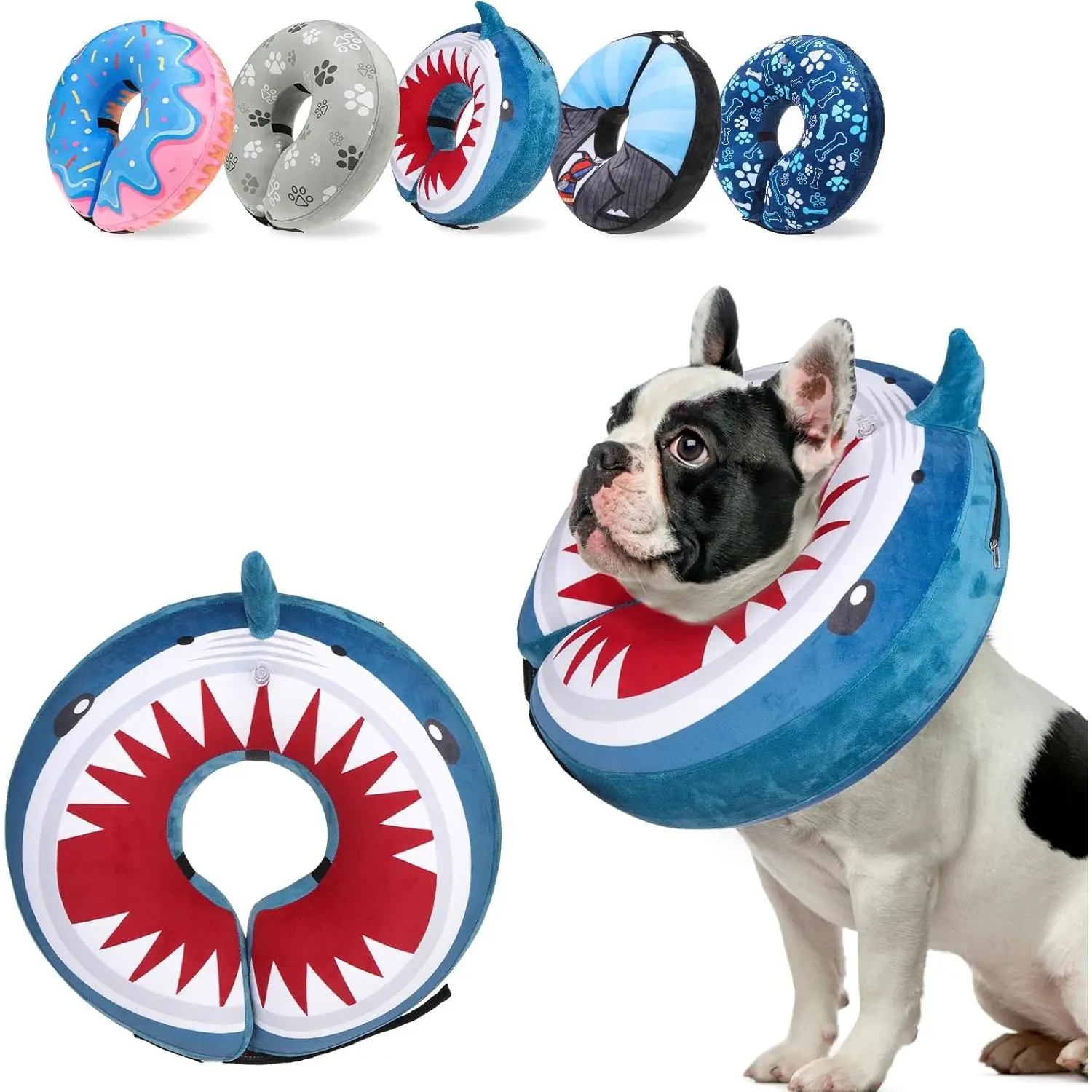 Dog Cone Alternative After Surgery Pet Recovery Collar for Small Medium Large Dogs Cats, Adjustable Inflatable Donut to Prevent Licking, Shark Print E-Collars